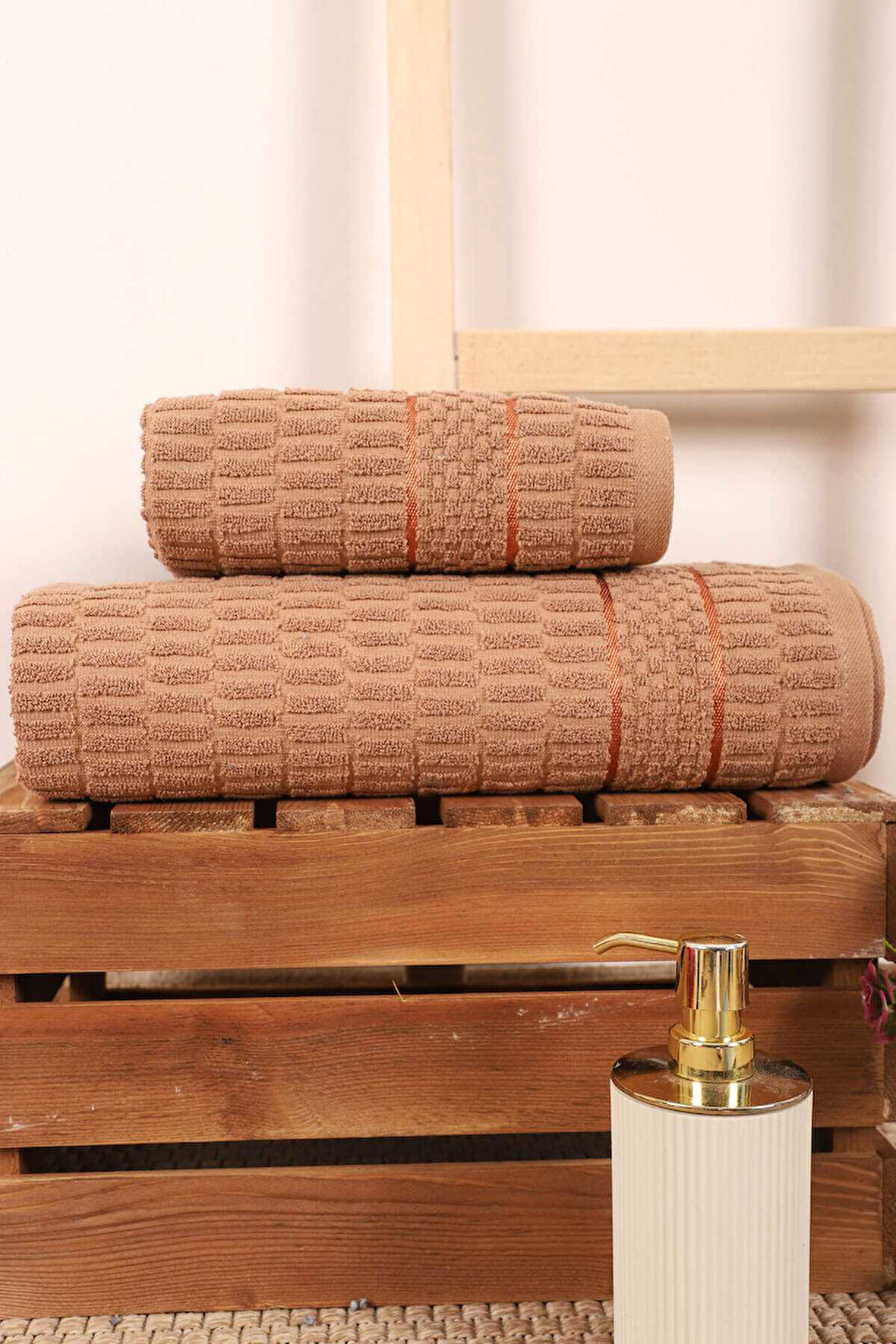 2 Parça Banyo Havlu Takımı &amp;#37;100 Pamuklu Çubuk Desen Kahverengi