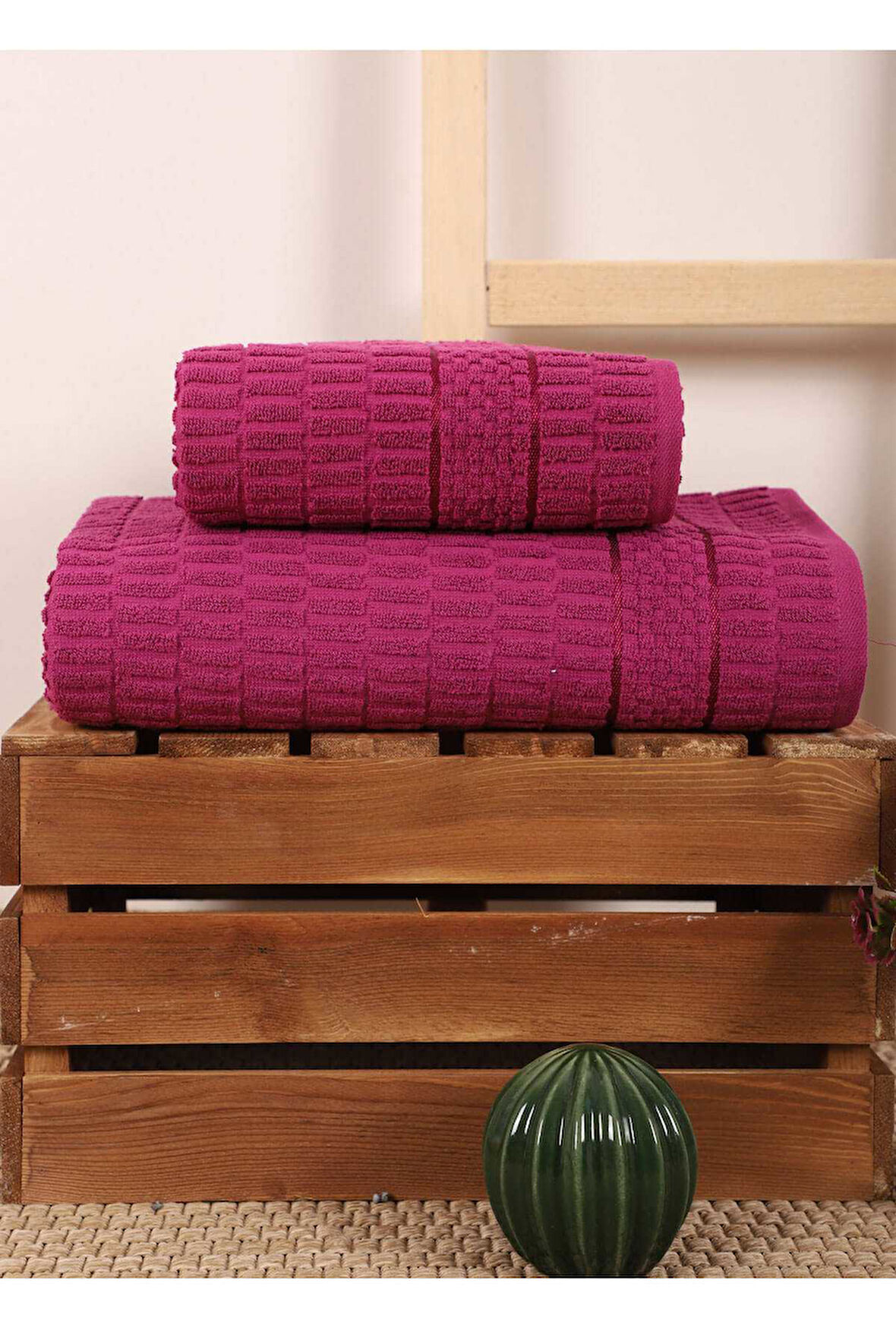 2 Parça Banyo Havlu Takımı %100 Pamuklu Çubuk Desen Vişne