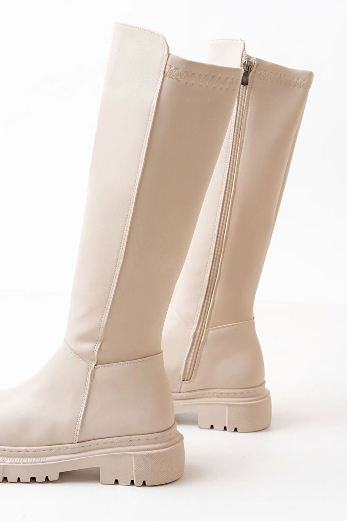 812-305 Bej Arkası Streç Fermuarlı Günlük Kadın Çizme