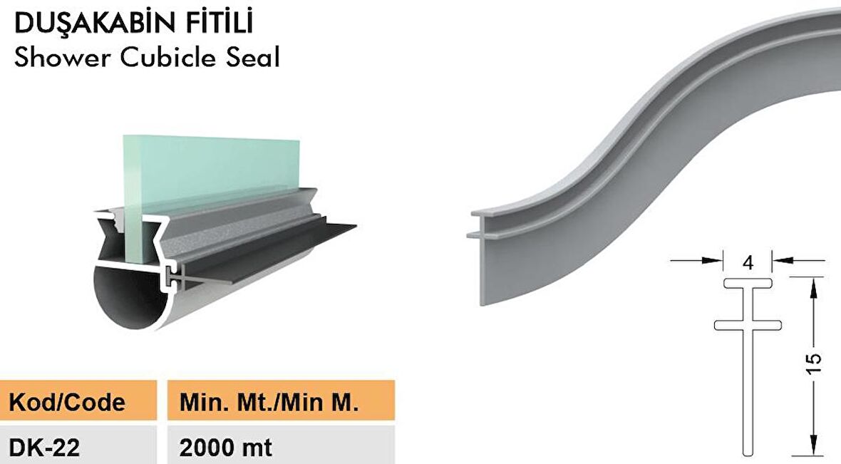 Duşakabin Cam Fitili Duşa Kabin Plaksi Fitili Dk-22-Şeffaf-10 Metre