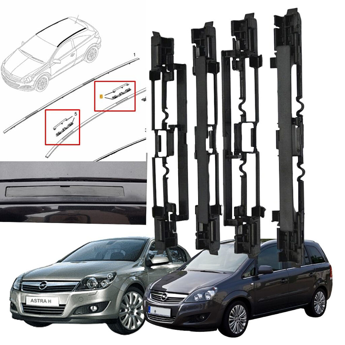 Opel Astra H Zafira B Tavan Oluk Çıta Kapağı Ön Arka Siyah 4 Adet