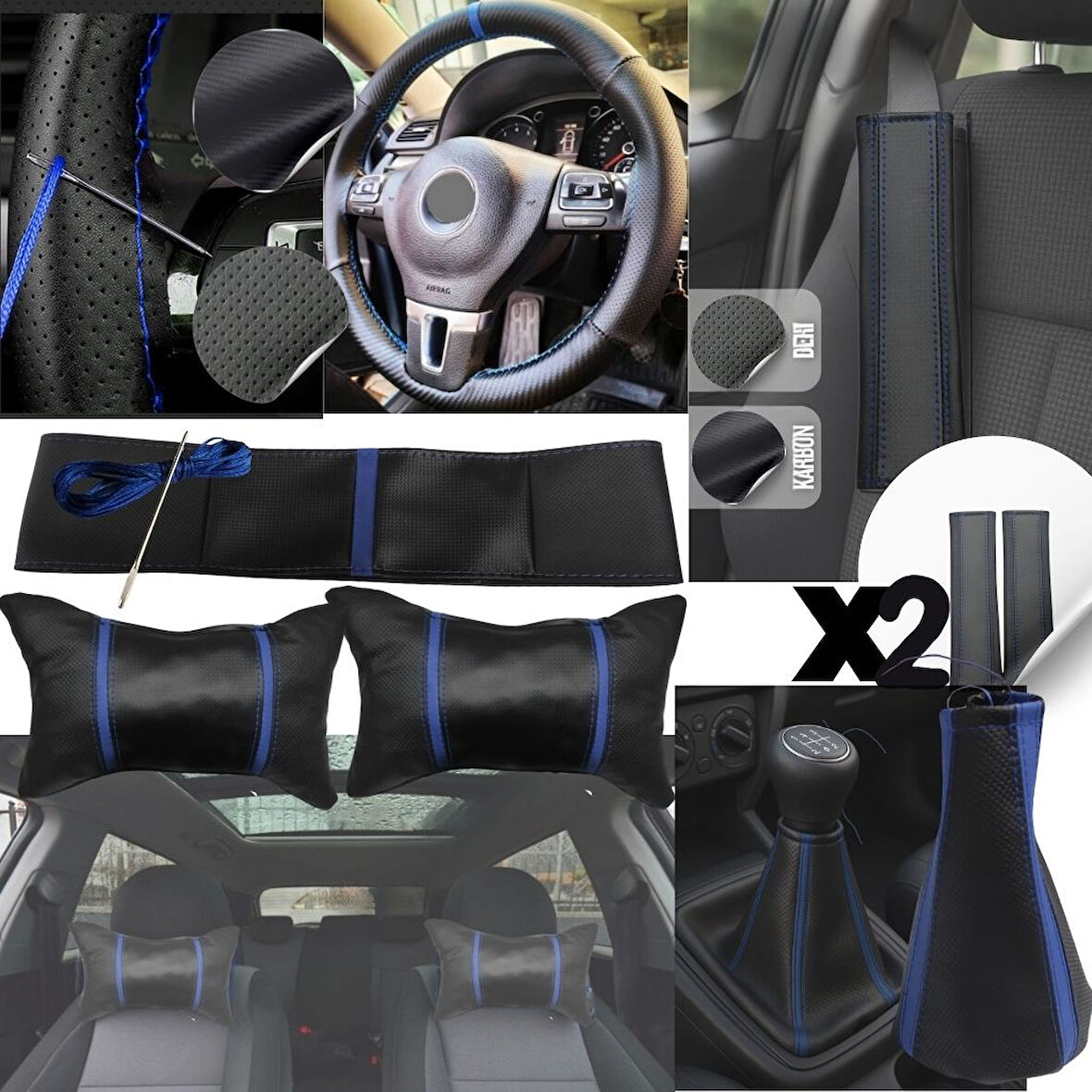 Üniversal Her Araca Uygun Vites Körüğü Direksiyon Kılıfı Emniyet Kemer Pedi Seti Boyun Yastığı Seti Full Set Mavi 6 Parçalı Set
