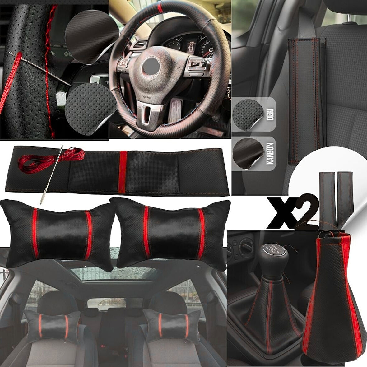 Universal Vites Körüğü Direksiyon Kılıfı Emniyet Kemer Pedi Seti Boyun Yastığı Seti Kırmızı