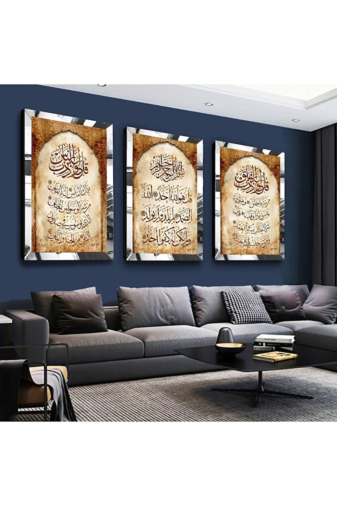 Gold Aynalı Pleksi Çerçeveli Dini Ayet Üçlü Mdf Tablo Seti