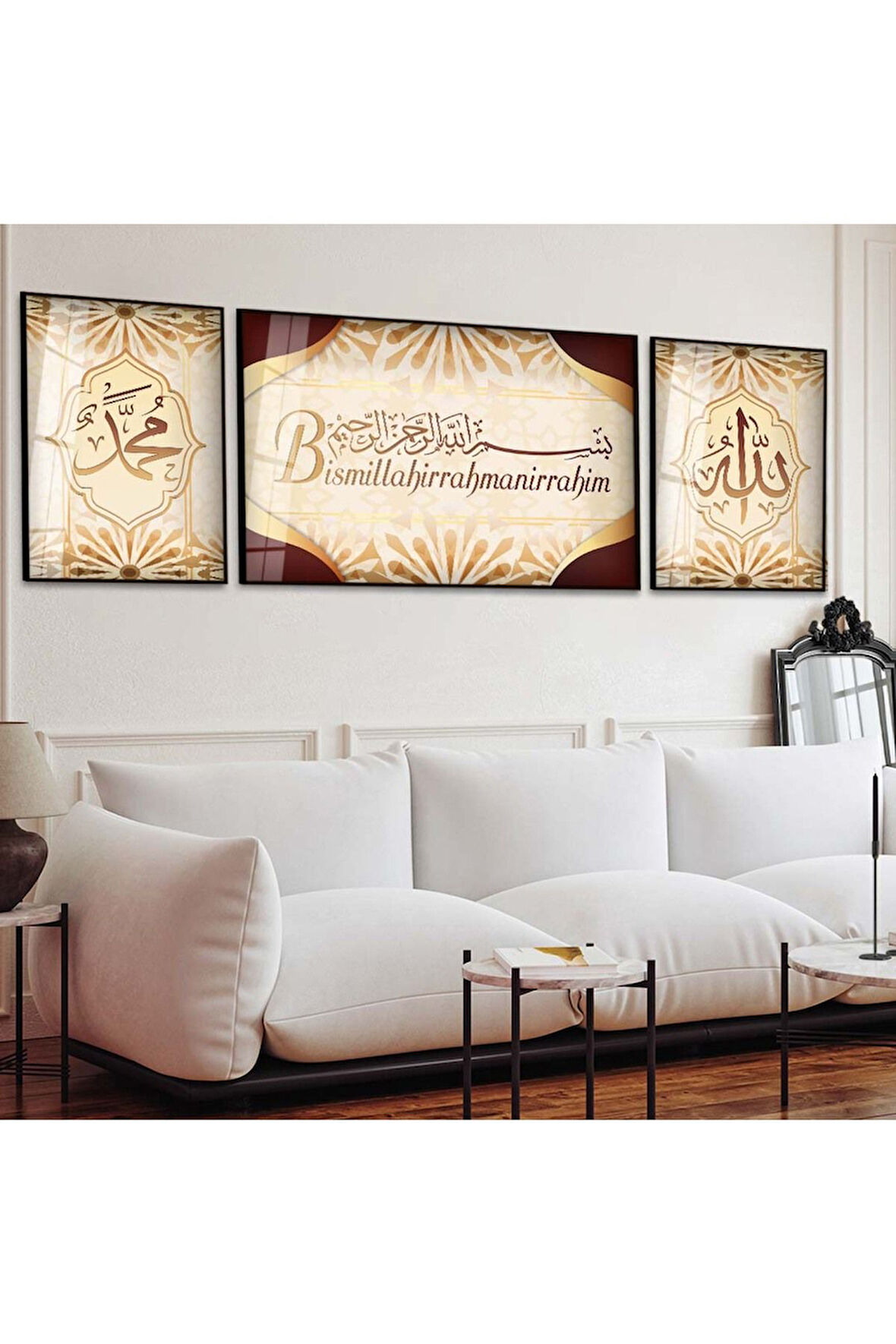 Siyah Metal Çerçeveli Bismillahirrahmanirrahim Dini Üçlü Kırılmaz Cam Tablo Seti