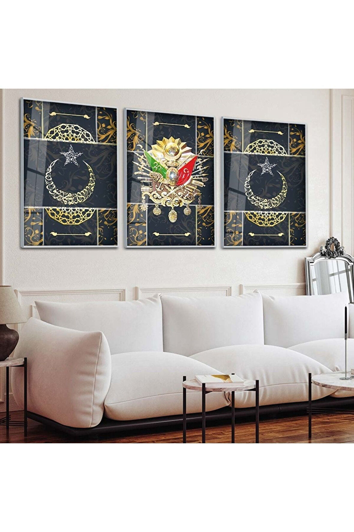 Siyah Metal Çerçeveli Osmanlı Tuğrası Üçlü Kırılmaz Cam Tablo Seti