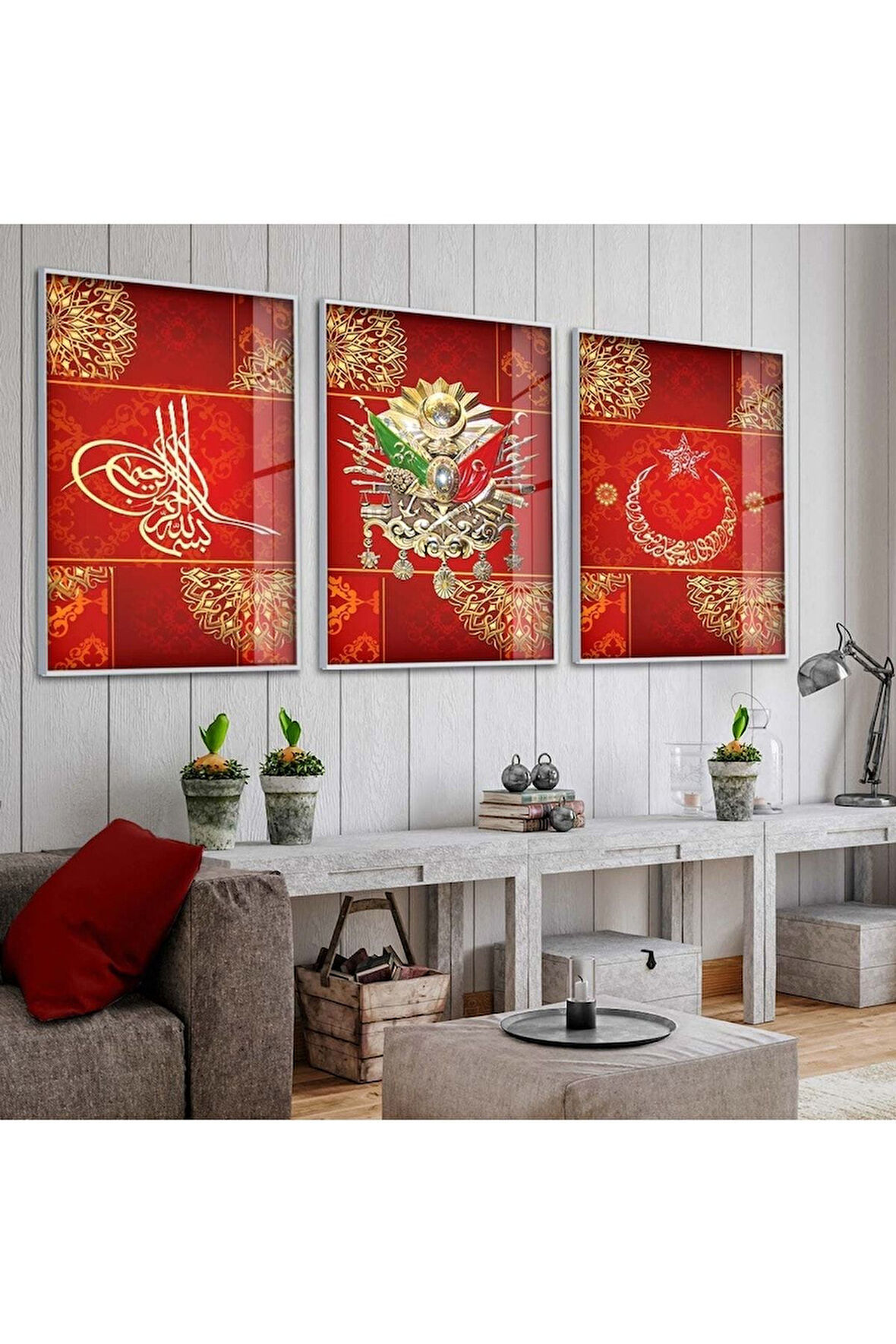 Gold Metal Çerçeveli Kırmızı Arka Planlı Osmanlı Tuğrası Üçlü Kırılmaz Cam Tablo Seti