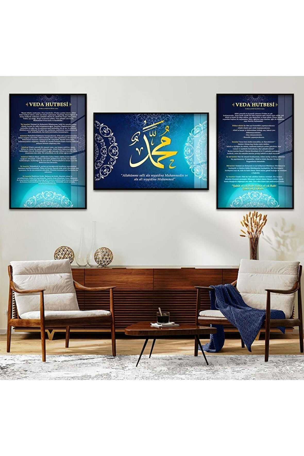 Gümüş Metal Çerçeveli Veda Hutbesi Dini Üçlü Kırılmaz Cam Tablo Seti