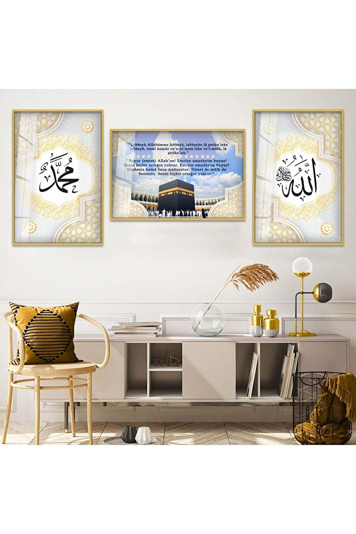 Gold Metal Çerçeveli Kabe Dini Üçlü Kırılmaz Cam Tablo Seti