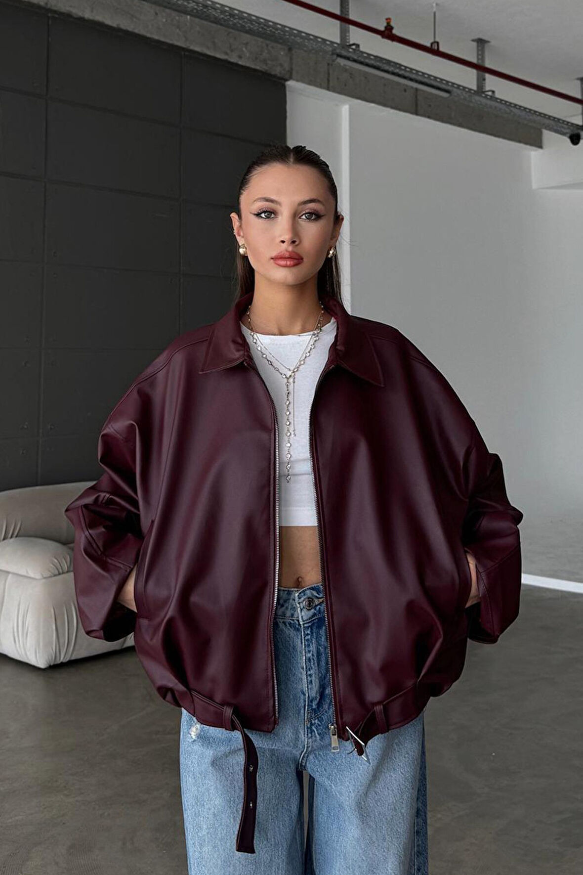 Kadın Oversize Deri Ceket– Oversize Relax Fit, Fermuarlı Kemer Detaylı Günlük Kadın Ceket