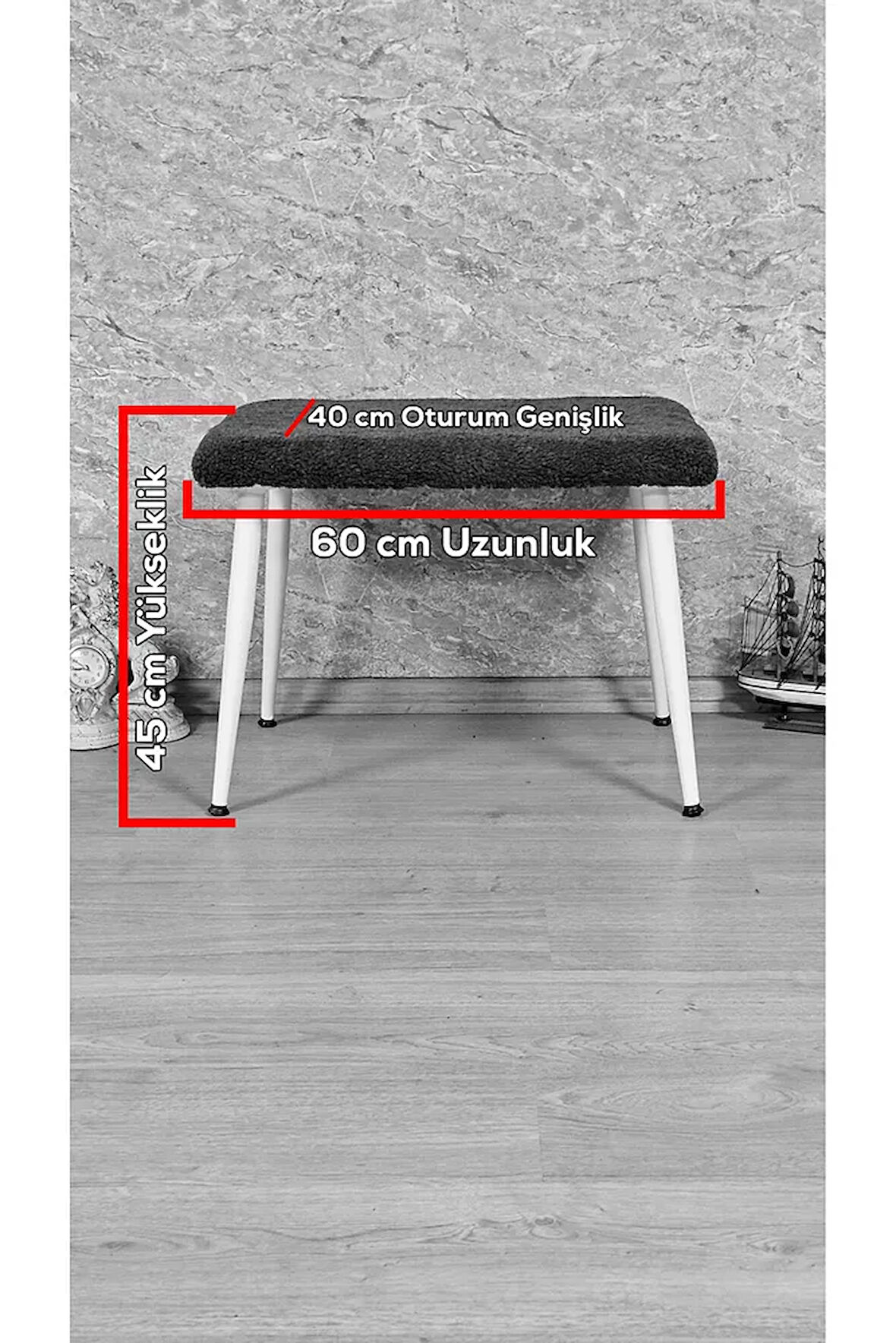 Tedy Kumaşlı 60 cm x 38 cm  Beyaz Sivriltme Ayaklı Oturak