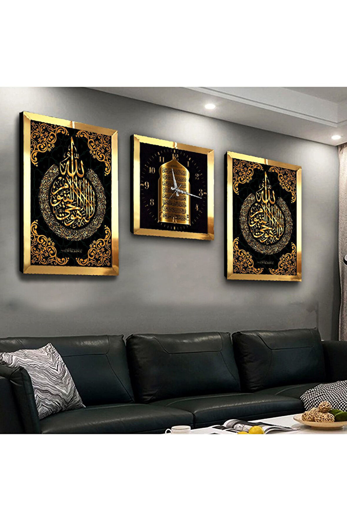 Gümüş Aynalı Pleksi Çerçeveli Allah Lafzı Üçlü Mdf Tablo Seti Ve Saat Seti
