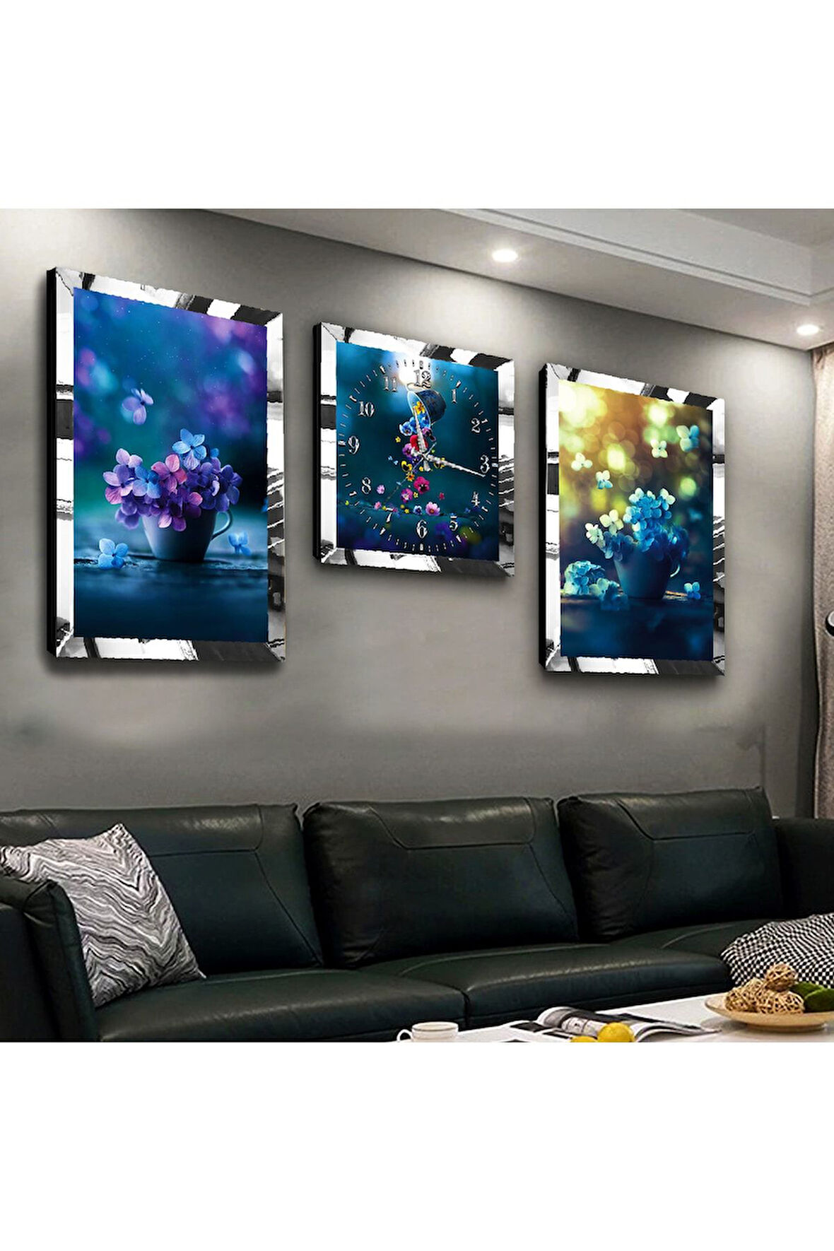 Gümüş Aynalı Pleksi Çerçeveli Vazo Çiçek Üçlü Mdf Tablo Seti Ve Saat Seti