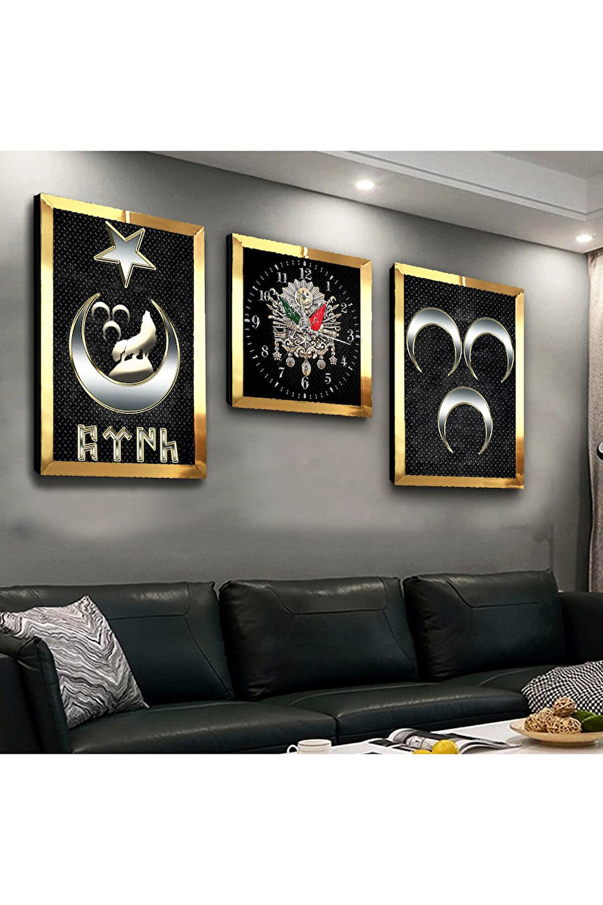 Gümüş Aynalı Pleksi Çerçeveli Göktürk Üçlü Mdf Tablo Seti Ve Saat Seti