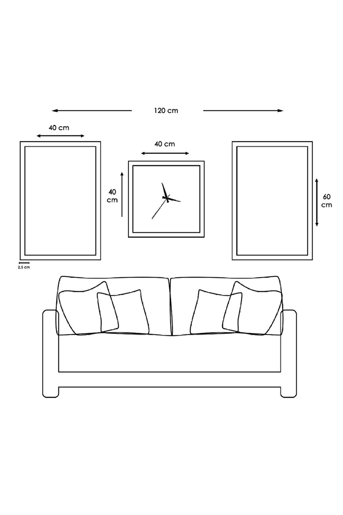 Gümüş Aynalı Pleksi Çerçeveli Göktürk Üçlü Mdf Tablo Seti Ve Saat Seti