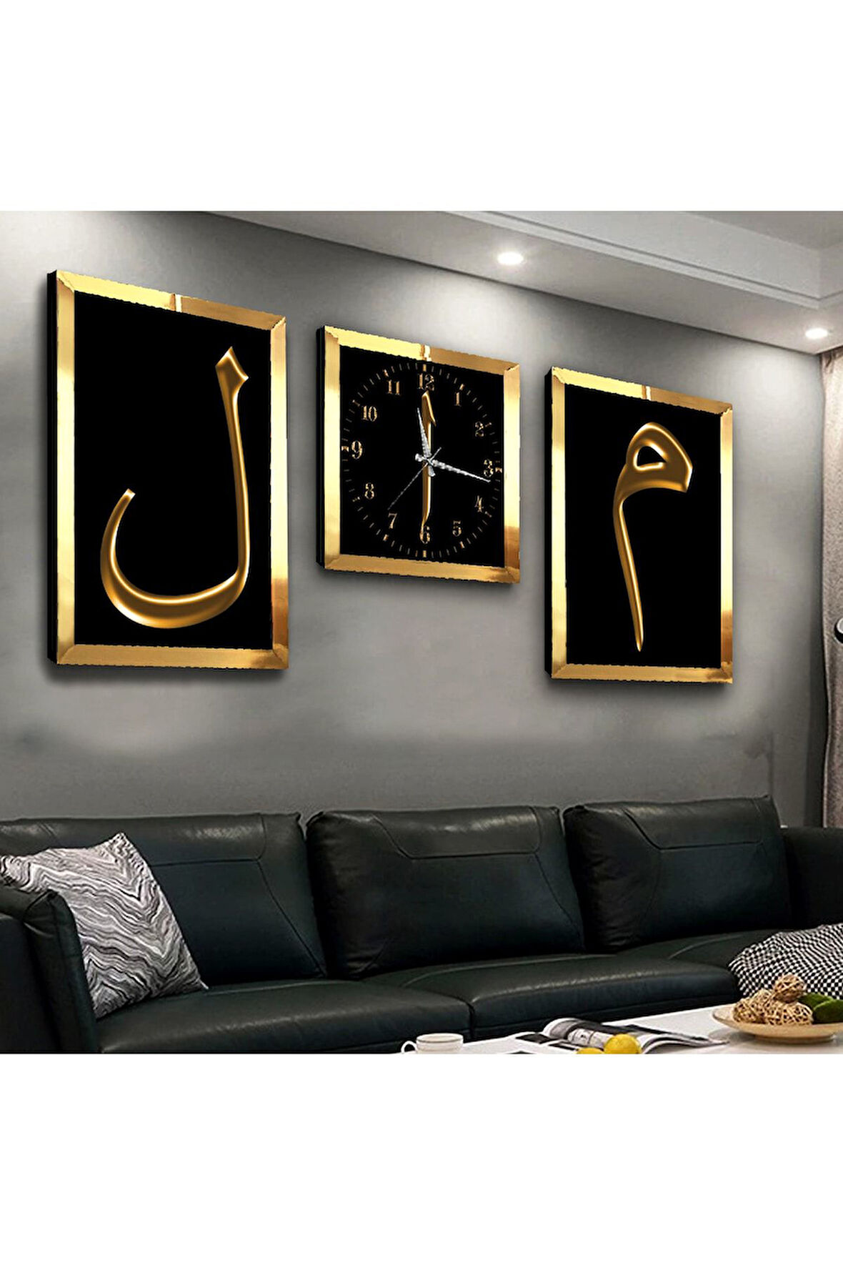 Gold Aynalı Pleksi Çerçeveli Lam Mim Üçlü Mdf Tablo Seti Ve Saat Seti