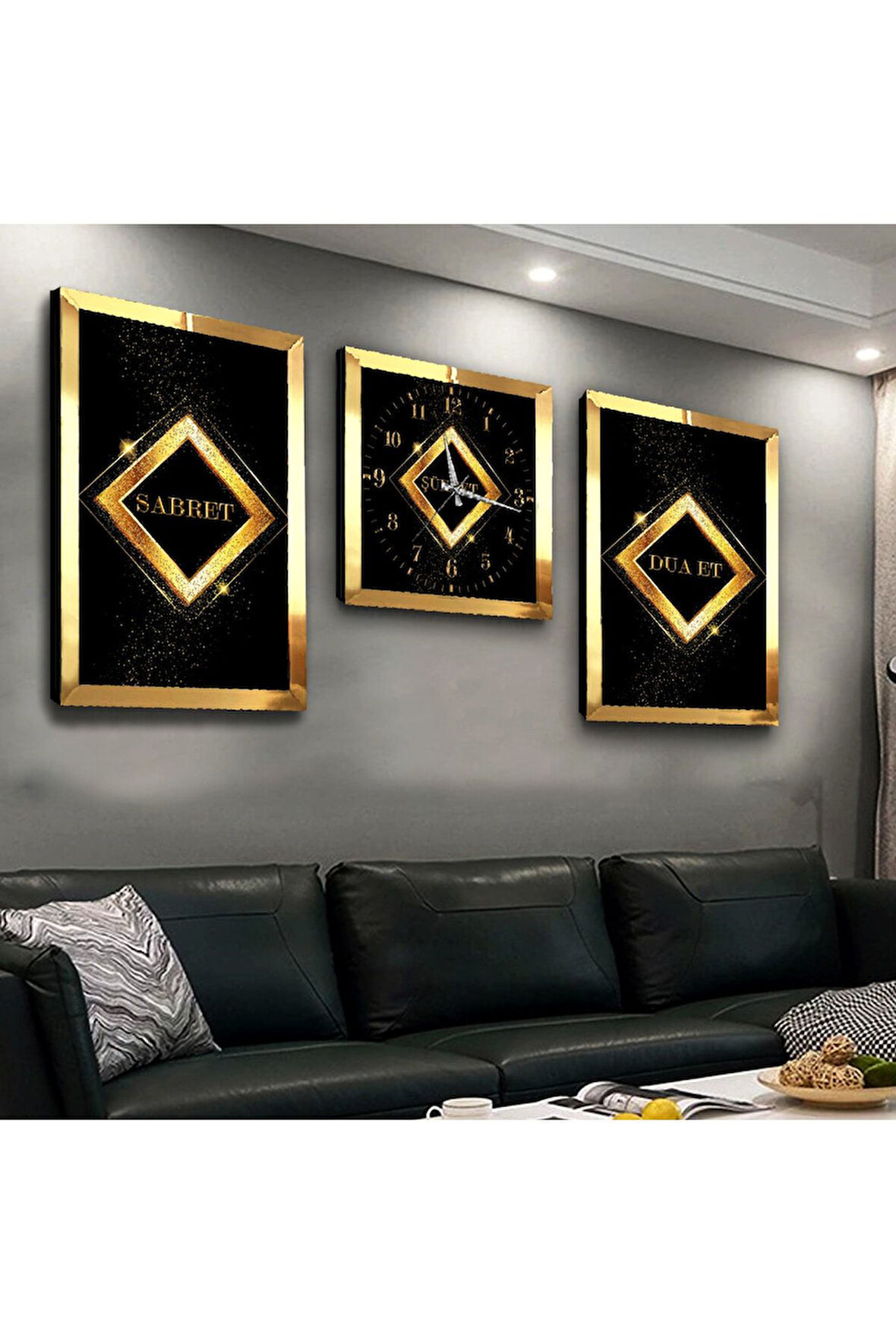Gümüş Aynalı Pleksi Çerçeveli Sabret Şükret Dua Et Üçlü Mdf Tablo Seti Ve Saat Seti