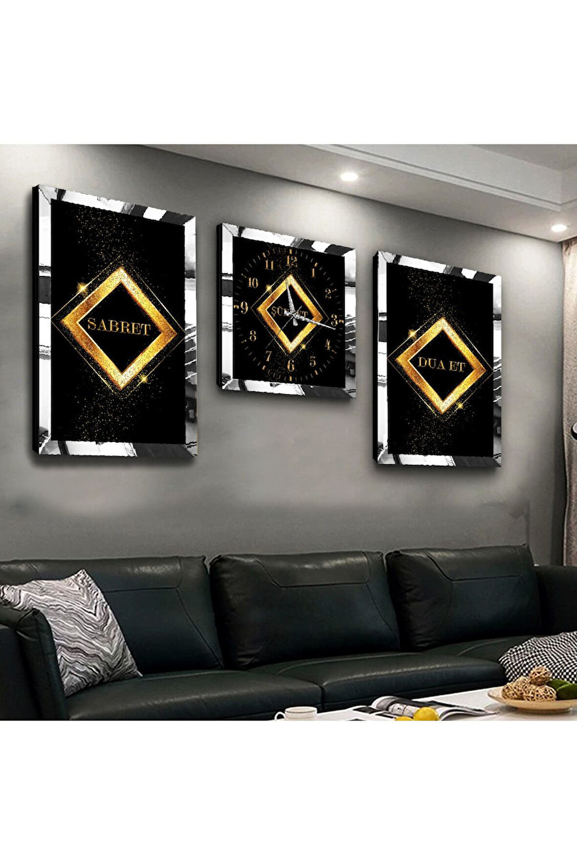 Gümüş Aynalı Pleksi Çerçeveli Sabret Şükret Dua Et Üçlü Mdf Tablo Seti Ve Saat Seti