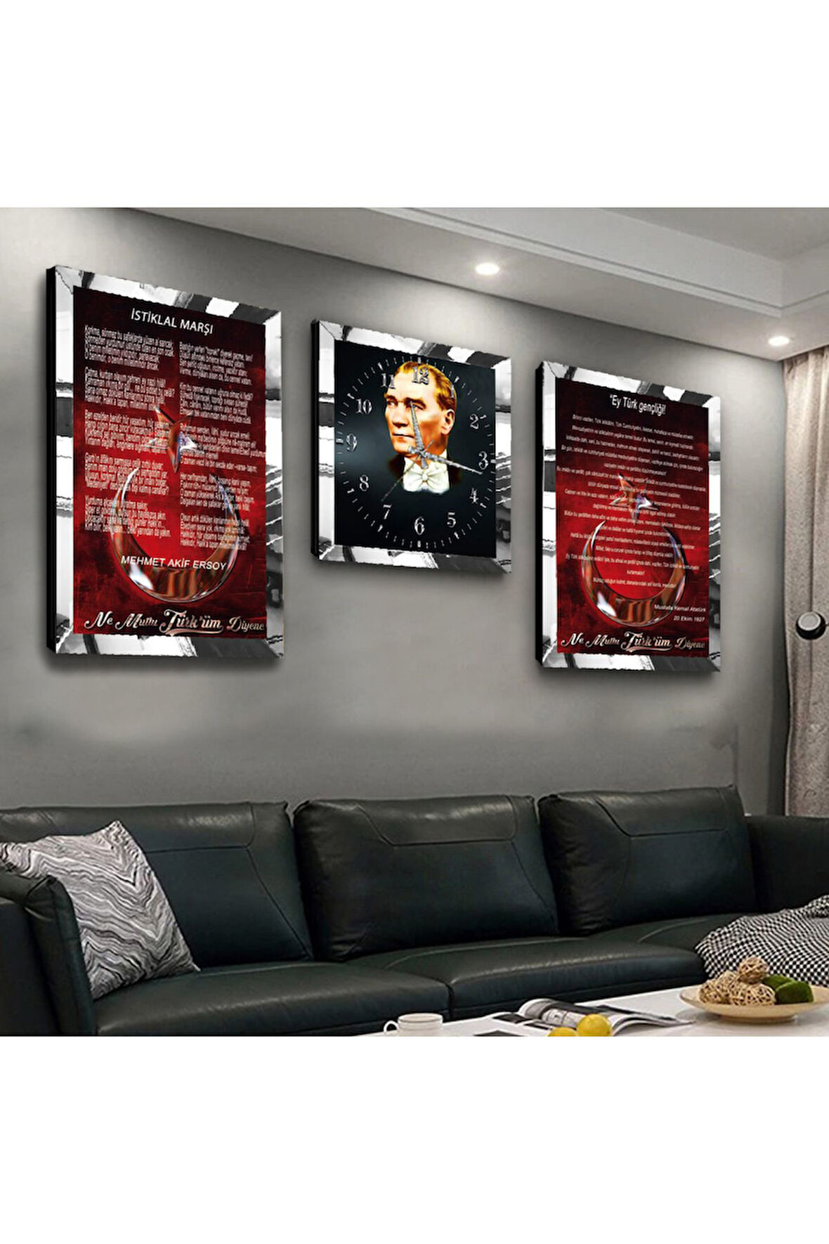 Gümüş Aynalı Pleksi Çerçeveli Atatürk Istiklal Marşı Ve Gençliğe Hitabe Üçlü Mdf Tablo Ve Saat Seti