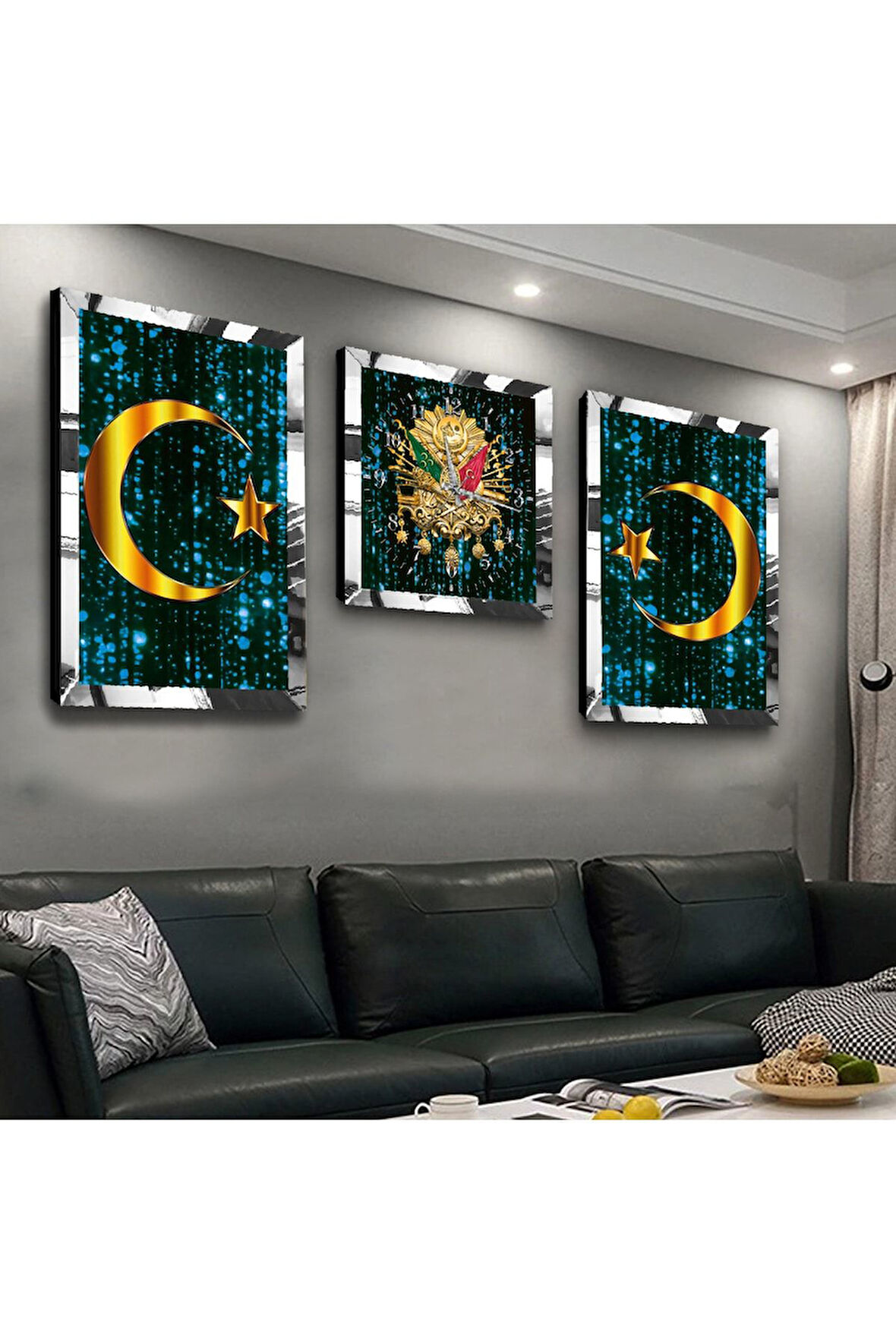 Gold Aynalı Pleksi Çerçeveli Osmanlı Tuğrası Üçlü Mdf Tablo Seti Ve Saat Seti