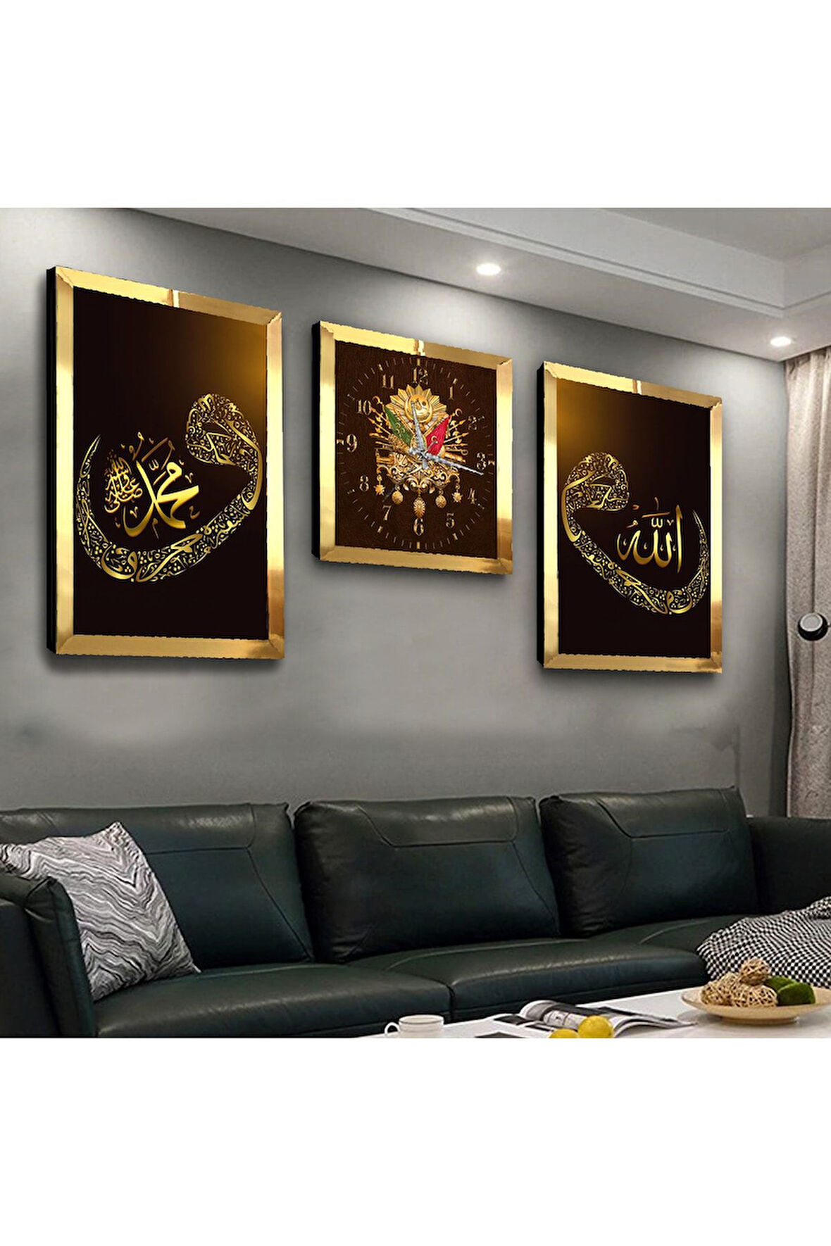 Osmanlı Tuğrası Ve Vav Dinipleksi Kenar Üçlü Mdf Tablo Seti Ve Saat Seti