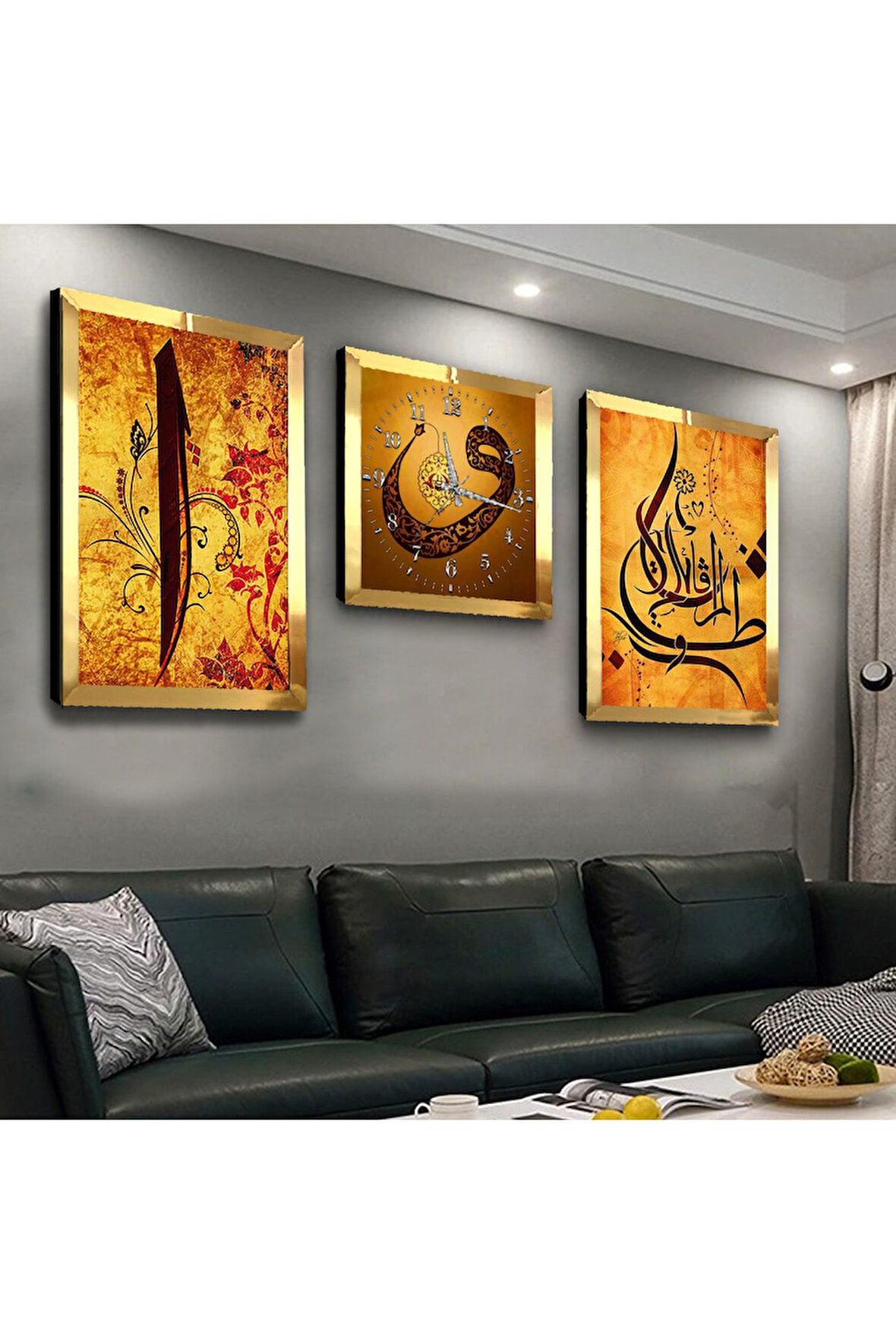 Gümüş Aynalı Pleksi Çerçeveli Elif Vav Dini Üçlü Mdf Tablo Seti Ve Saat Seti