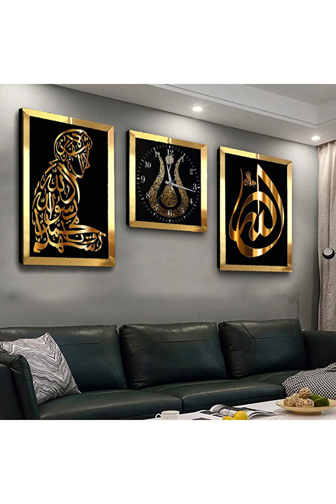 Gümüş Aynalı Pleksi Çerçeveli Dini Motifli Üçlü Mdf Tablo Seti Ve Saat Seti