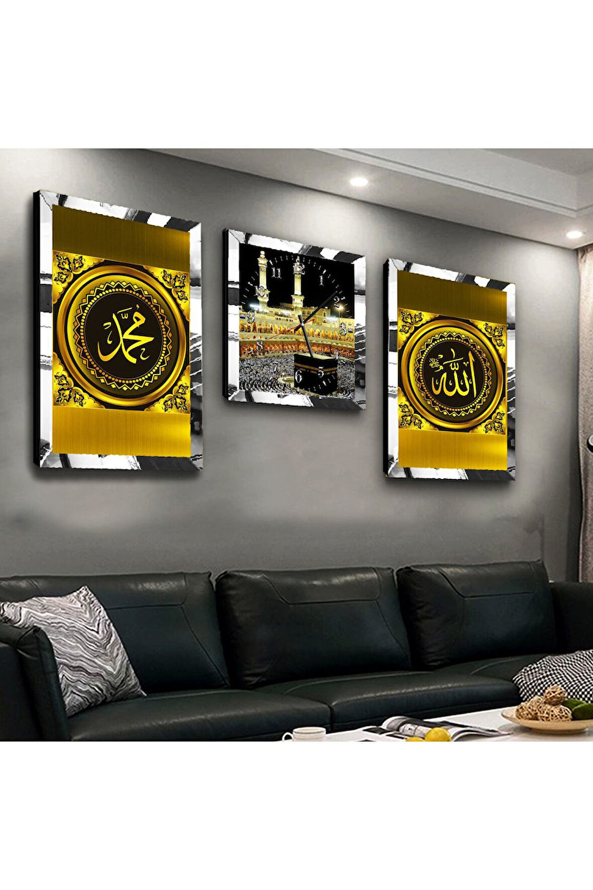 Gold Aynalı Pleksi Çerçeveli Hz Muhammed Allah Lafzı Ve Kabe Üçlü Mdf Tablo Seti Ve Saat Seti