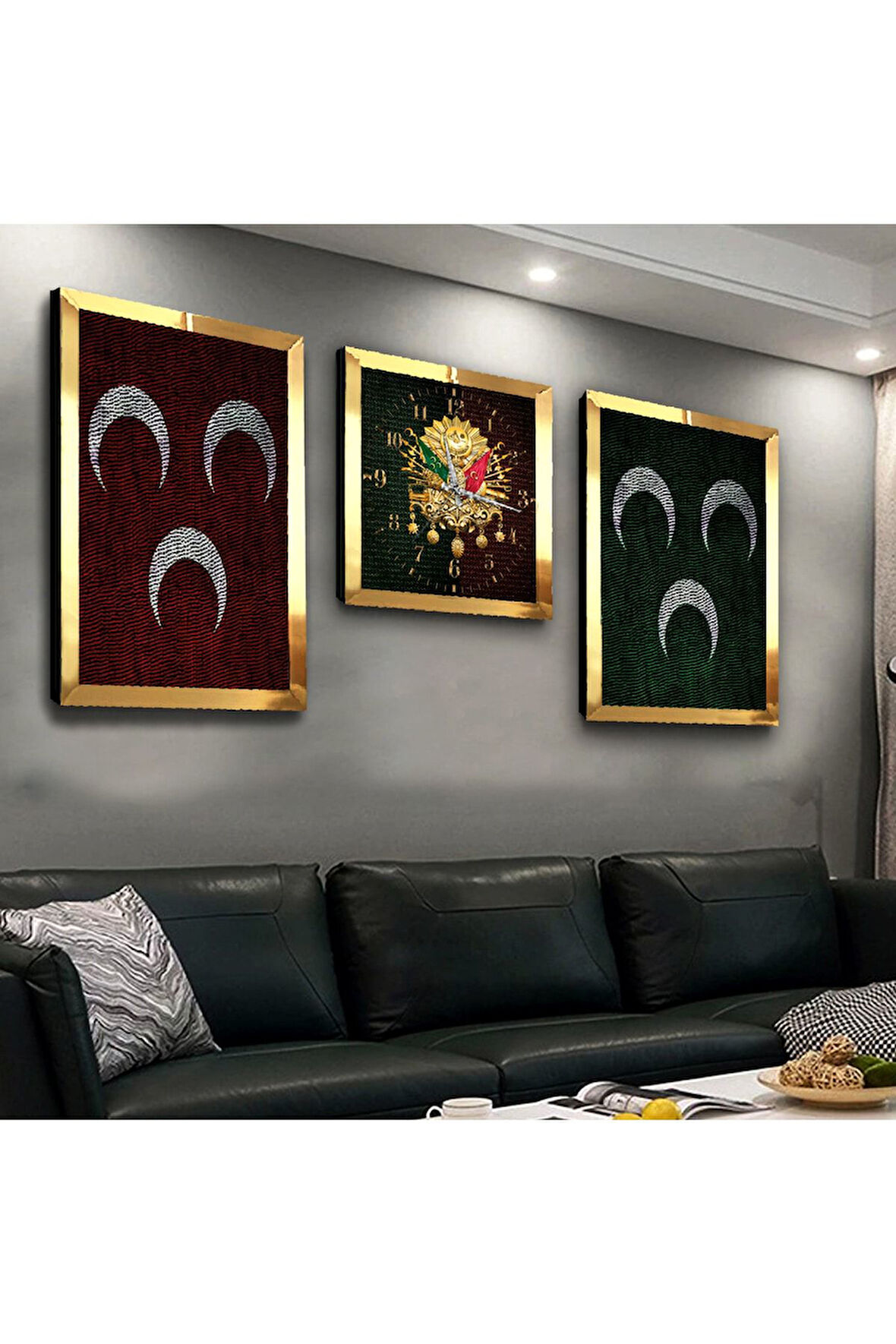 Gümüş Aynalı Pleksi Çerçeveli Osmanlı Tuğrası Ve 3hilal Üçlü Mdf Tablo Seti Ve Saat Seti