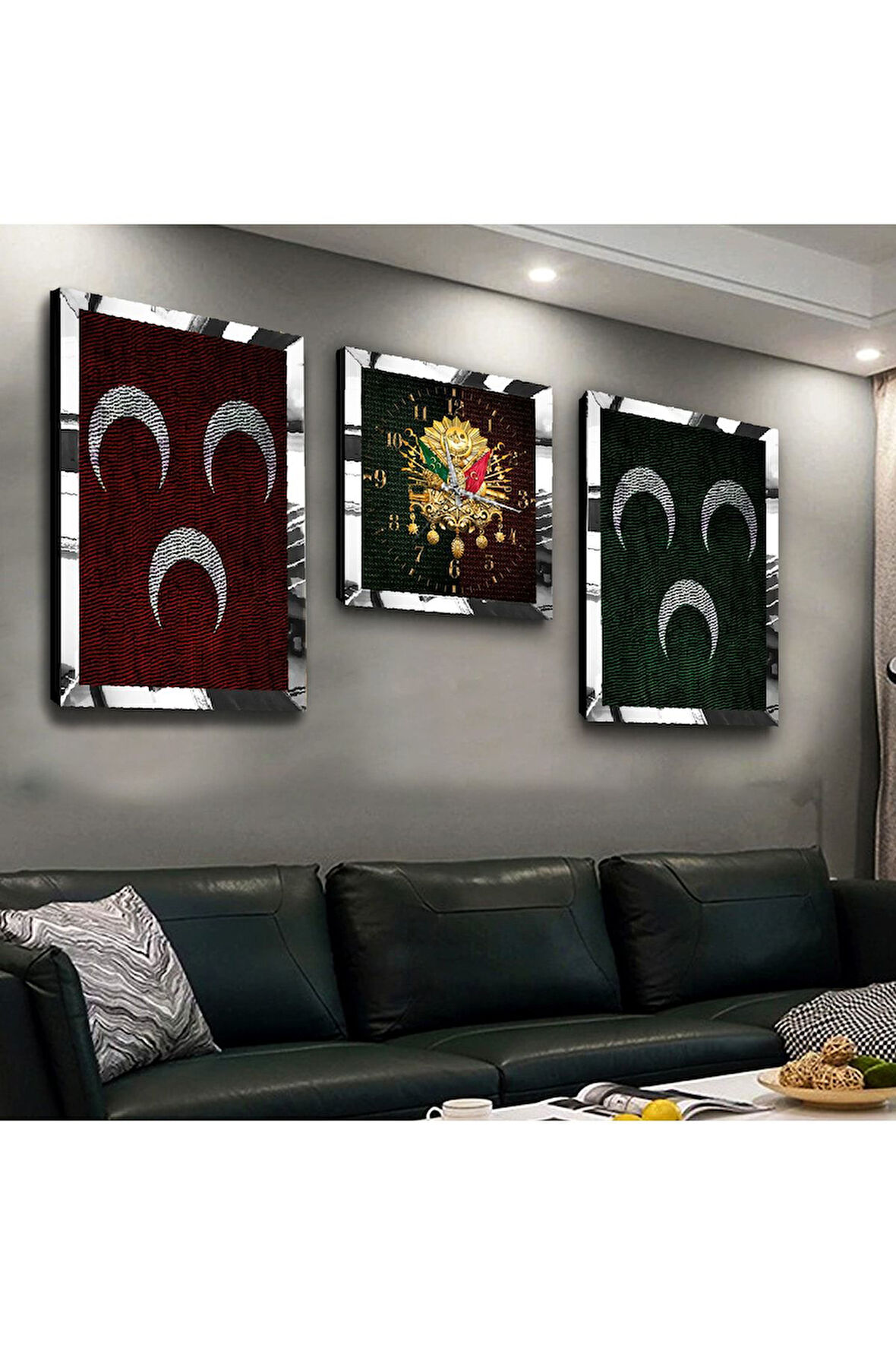 Gümüş Aynalı Pleksi Çerçeveli Osmanlı Tuğrası Ve 3hilal Üçlü Mdf Tablo Seti Ve Saat Seti