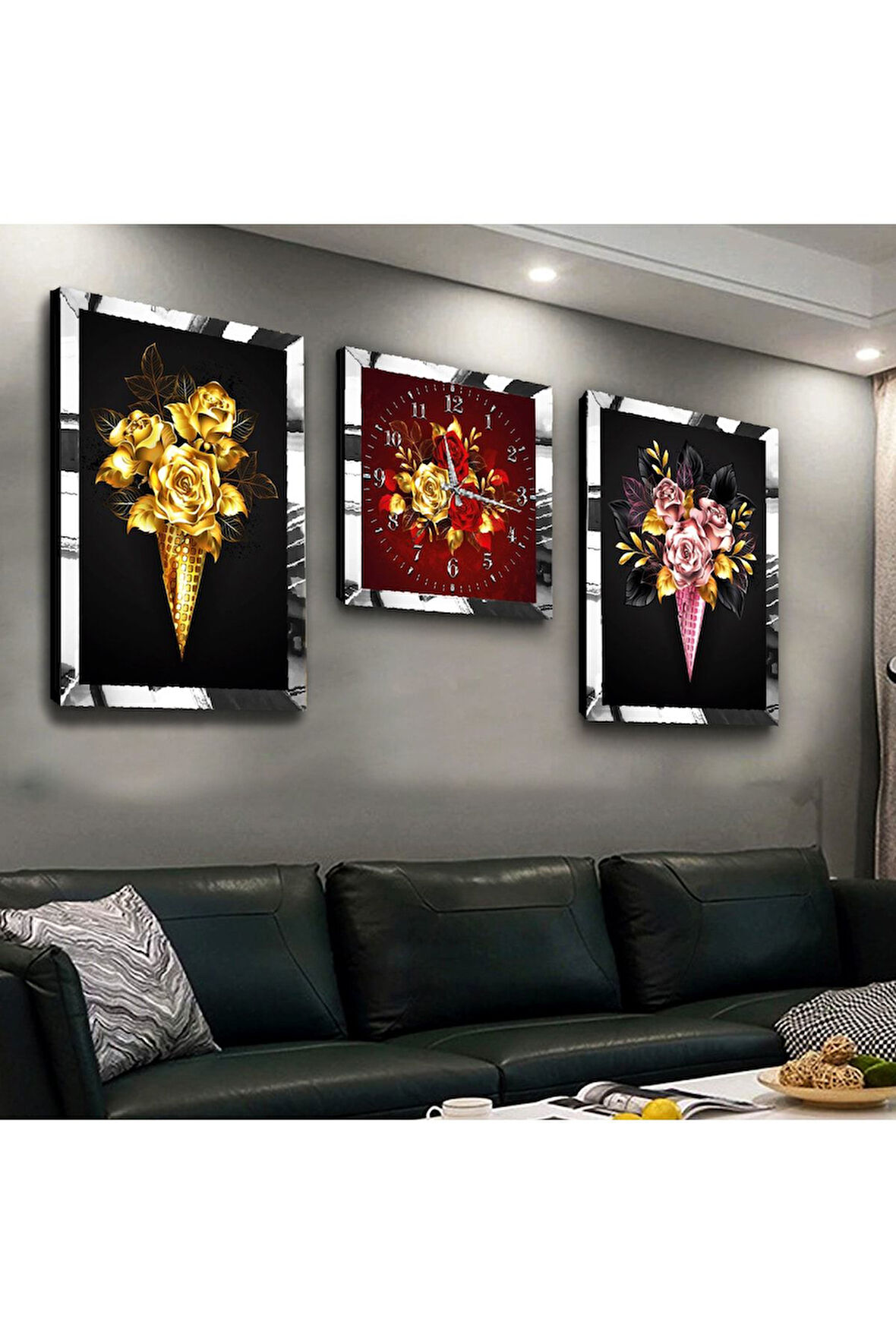 Gold Aynalı Pleksi Çerçeveli Çiçek Üçlü Mdf Tablo Seti Ve Saat Seti