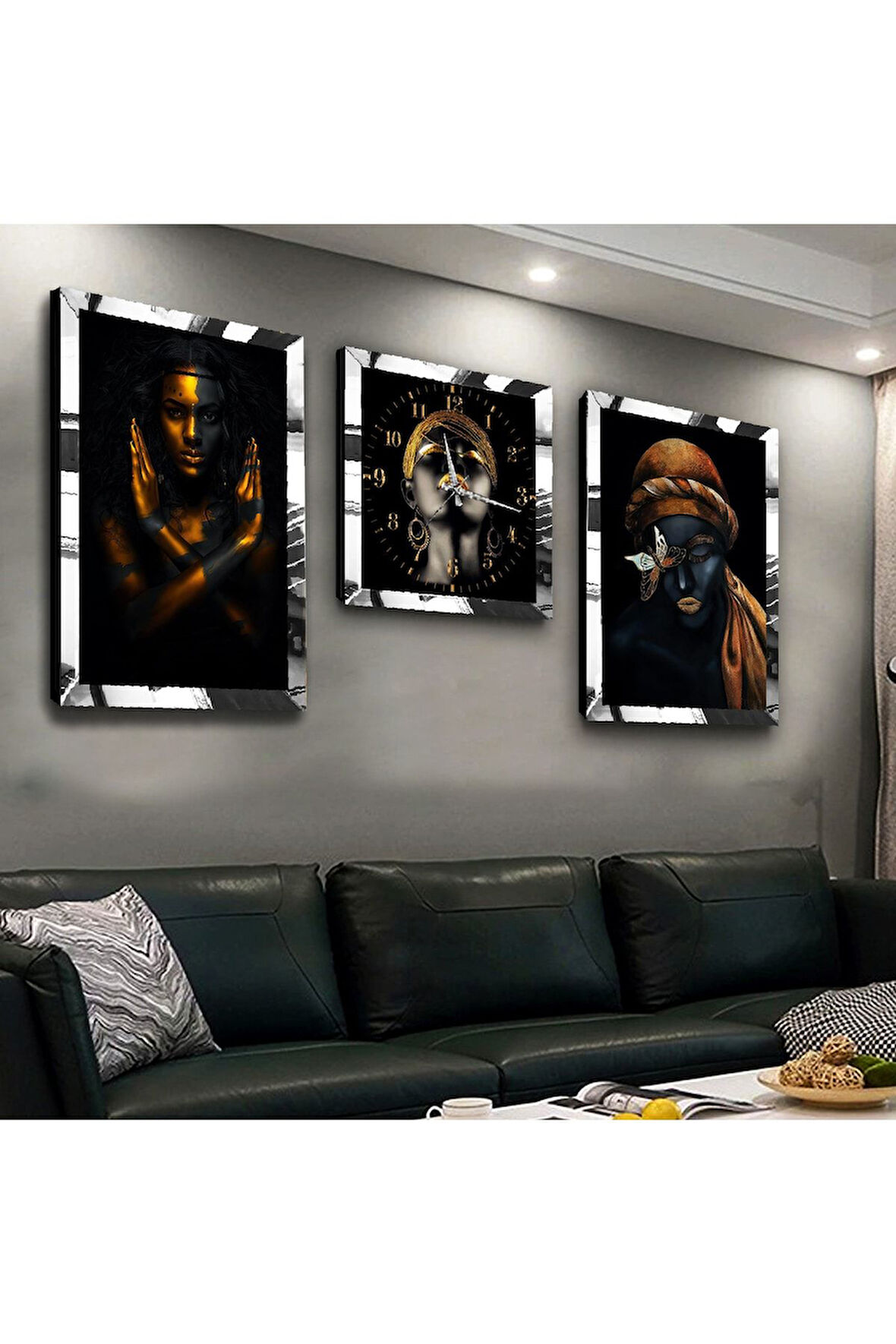 Gümüş Aynalı Pleksi Çerçeveli Afrikalı Kadın Üçlü Mdf Tablo Seti Ve Saat Seti