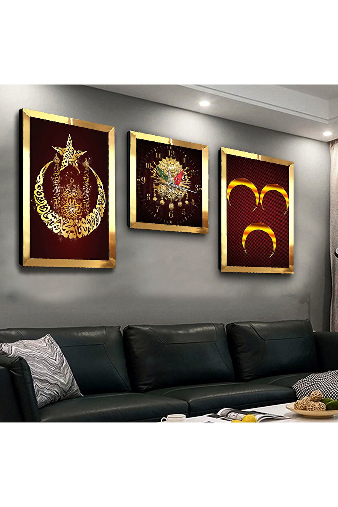 Gold Aynalı Pleksi Çerçeveli Osmanlı Tuğrası Ve Hilal Üçlü Mdf Tablo Seti Ve Saat Seti