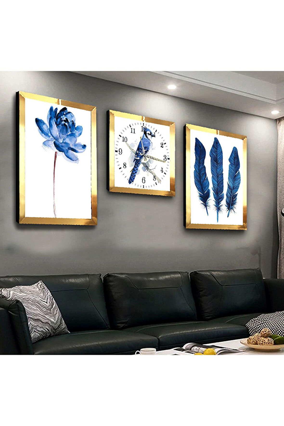 Gold Aynalı Pleksi Çerçeveli Mavi Çiçek Üçlü Mdf Tablo Seti Ve Saat Seti