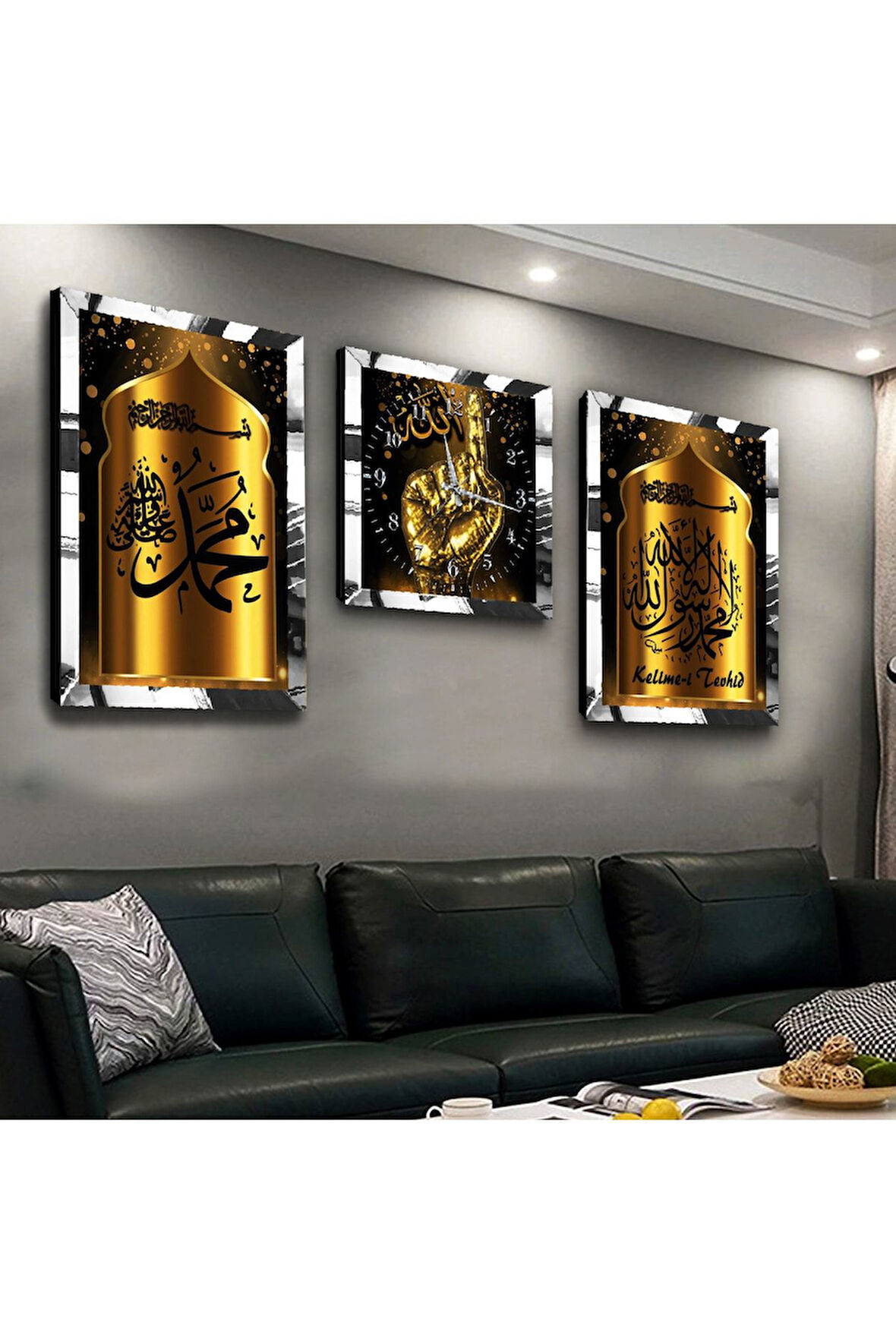 Gold Aynalı Pleksi Çerçeveli Kelime-i Tevhid Üçlü Mdf Tablo Seti Ve Saat Seti