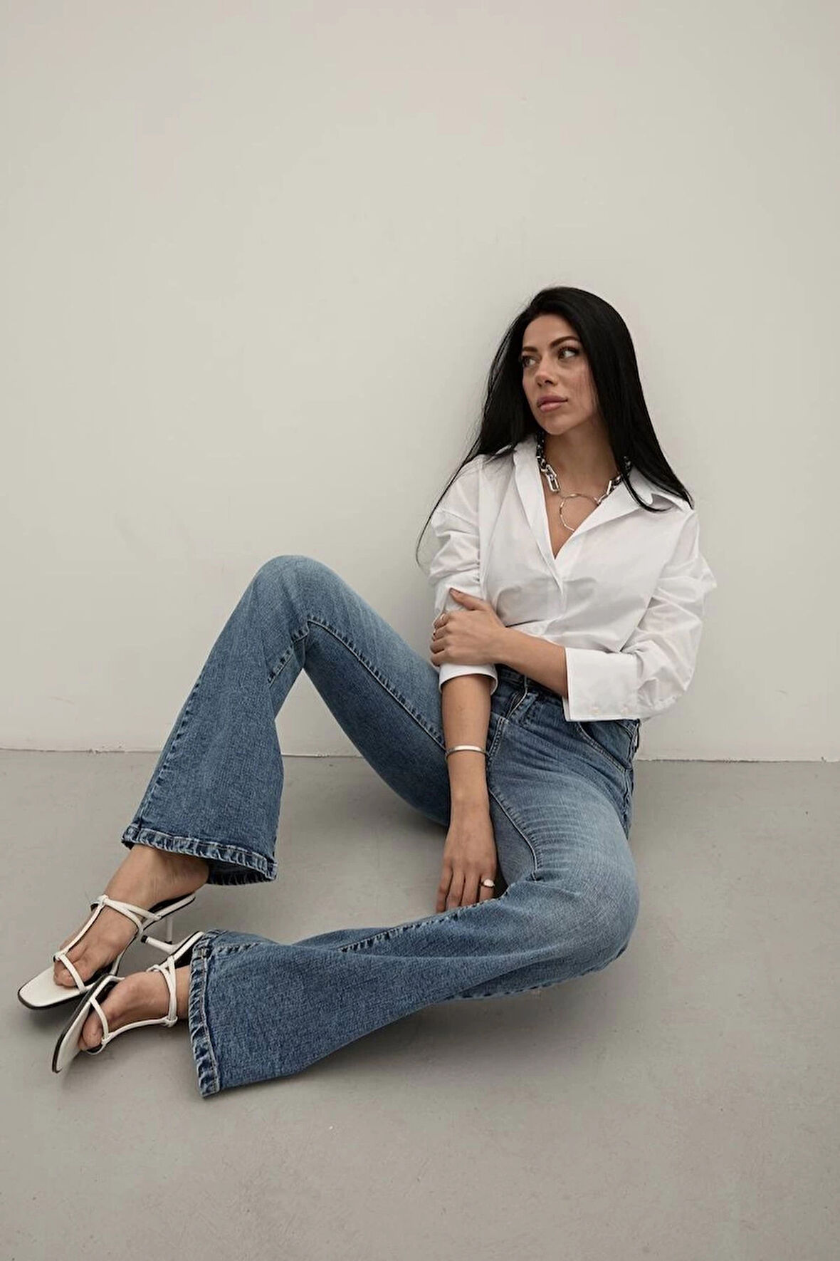 Dark Blue Premium Yüksek Bel Bronz Düğmeli İspanyol Paça Jeans