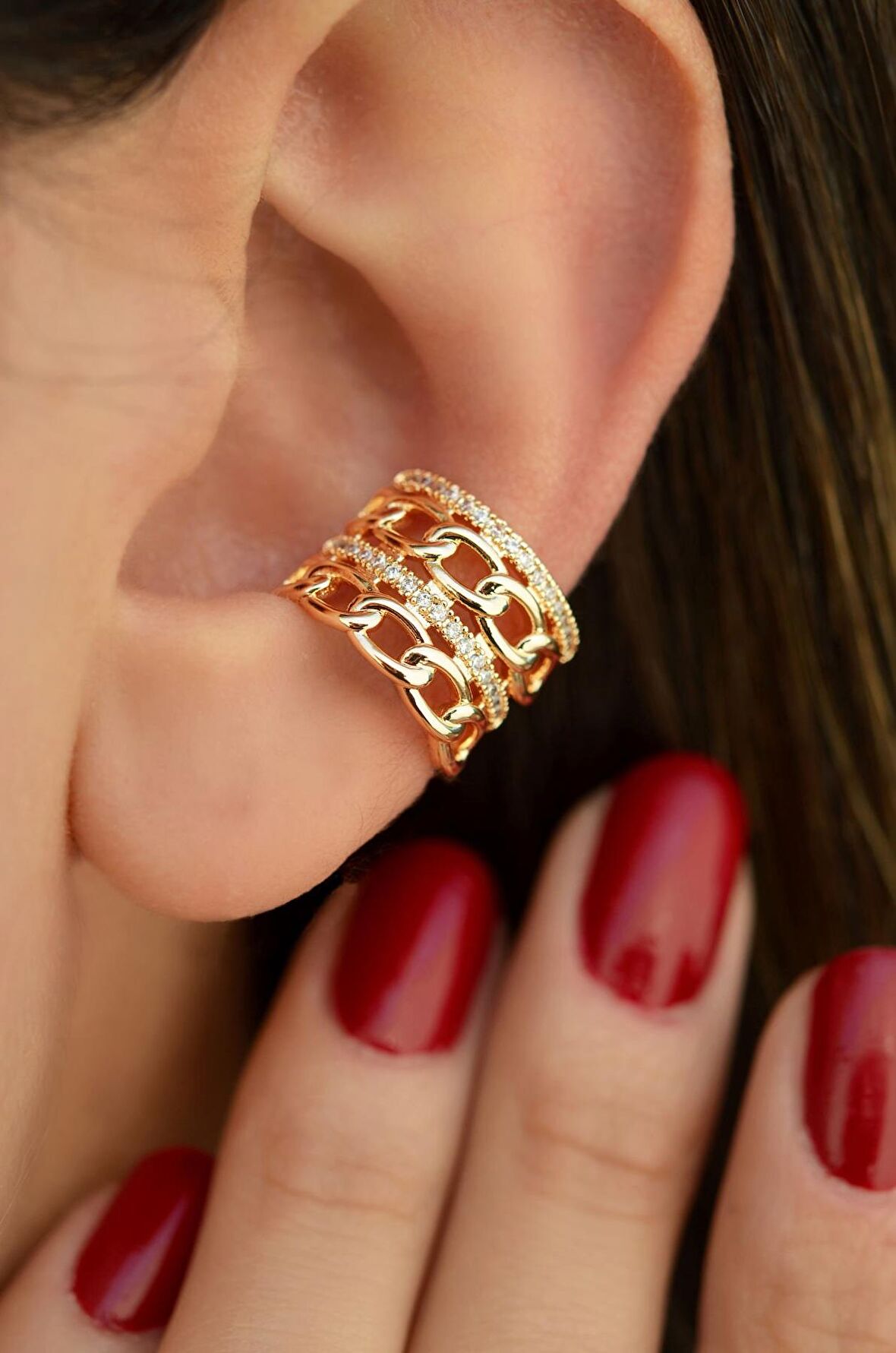 Zincir Model Çoklu Earcuff Kıkırdak Küpesi