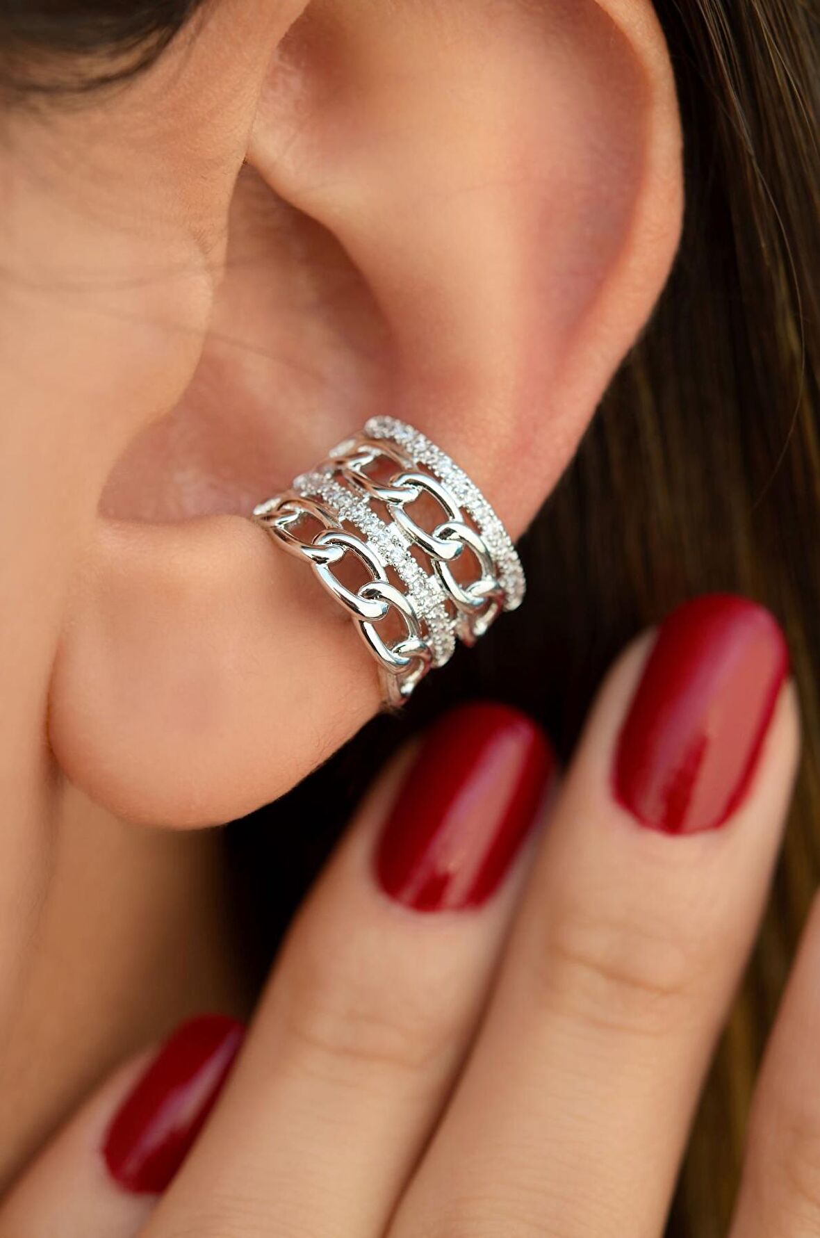 Zincir Model Çoklu Earcuff Kıkırdak Küpesi Gümüş Renkli