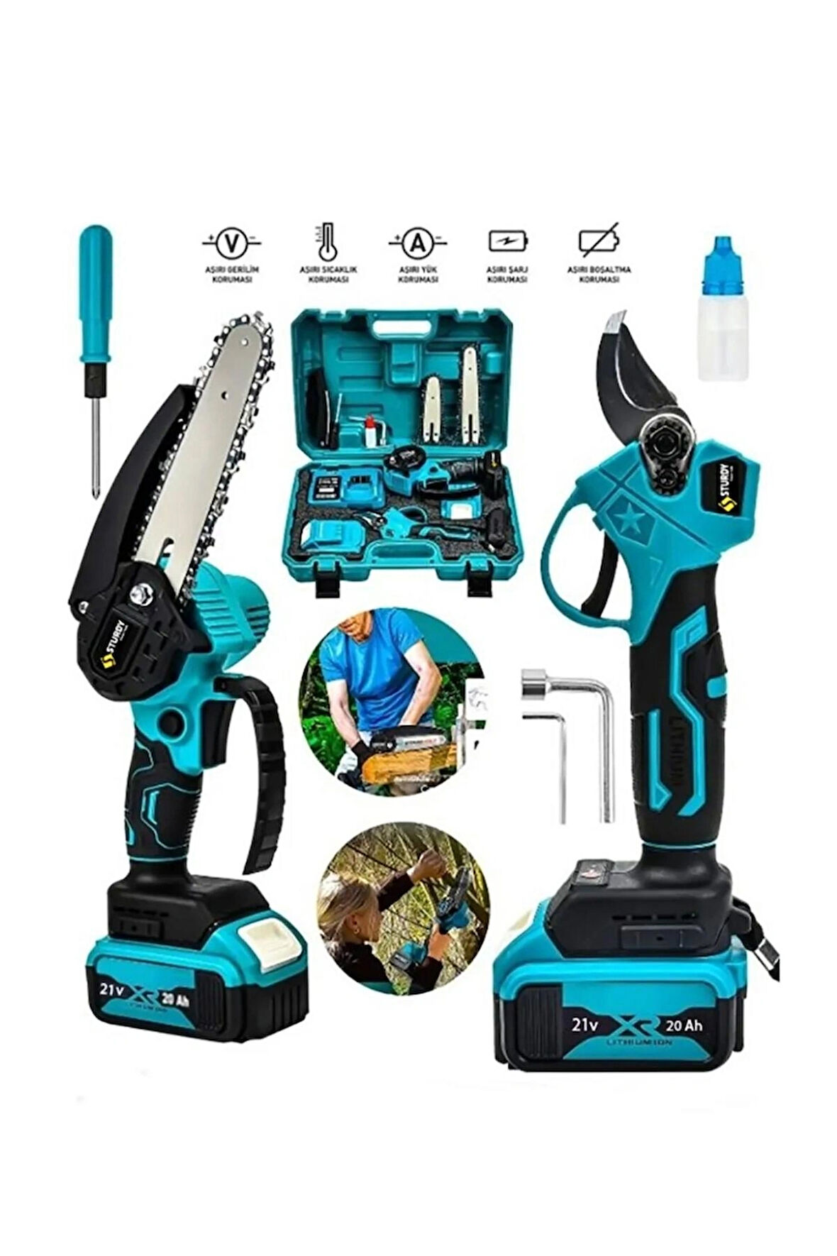 ZMR2Lİ 2'li Set 21 Volt 2 Akülü Çelik Şanzuman 2 Pala Zincirli Şarjlı Dal Ağaç Kesme Bağ Budama Makas