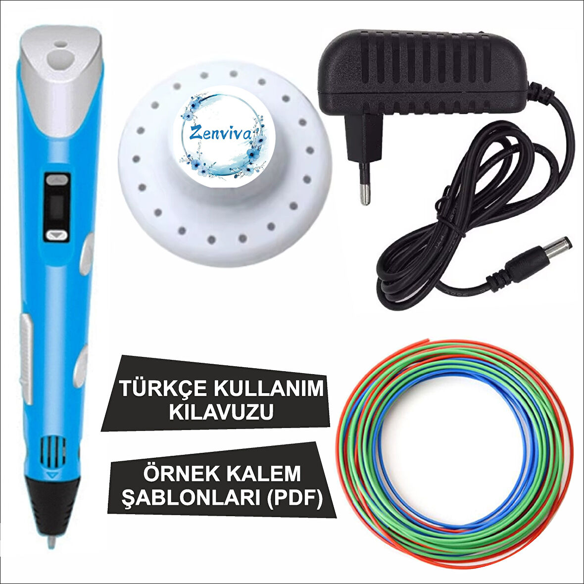 Mavi Renk 3D Kalem + 3 Renk Toplam 10 Metre Pla Filament + Şablon