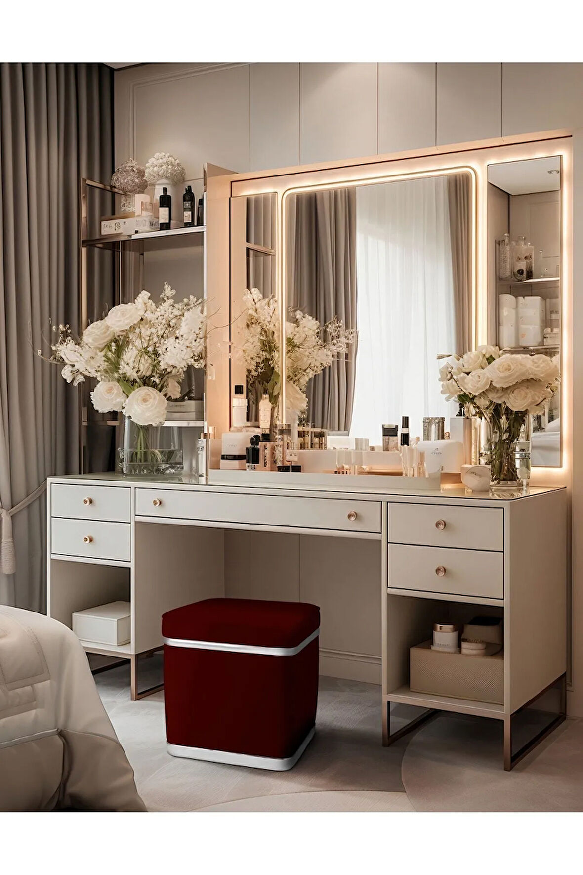 Zengo Silver Twin Line Kare Puf - Bordo Kumaş, Dekoratif Makyaj Masası Pufu