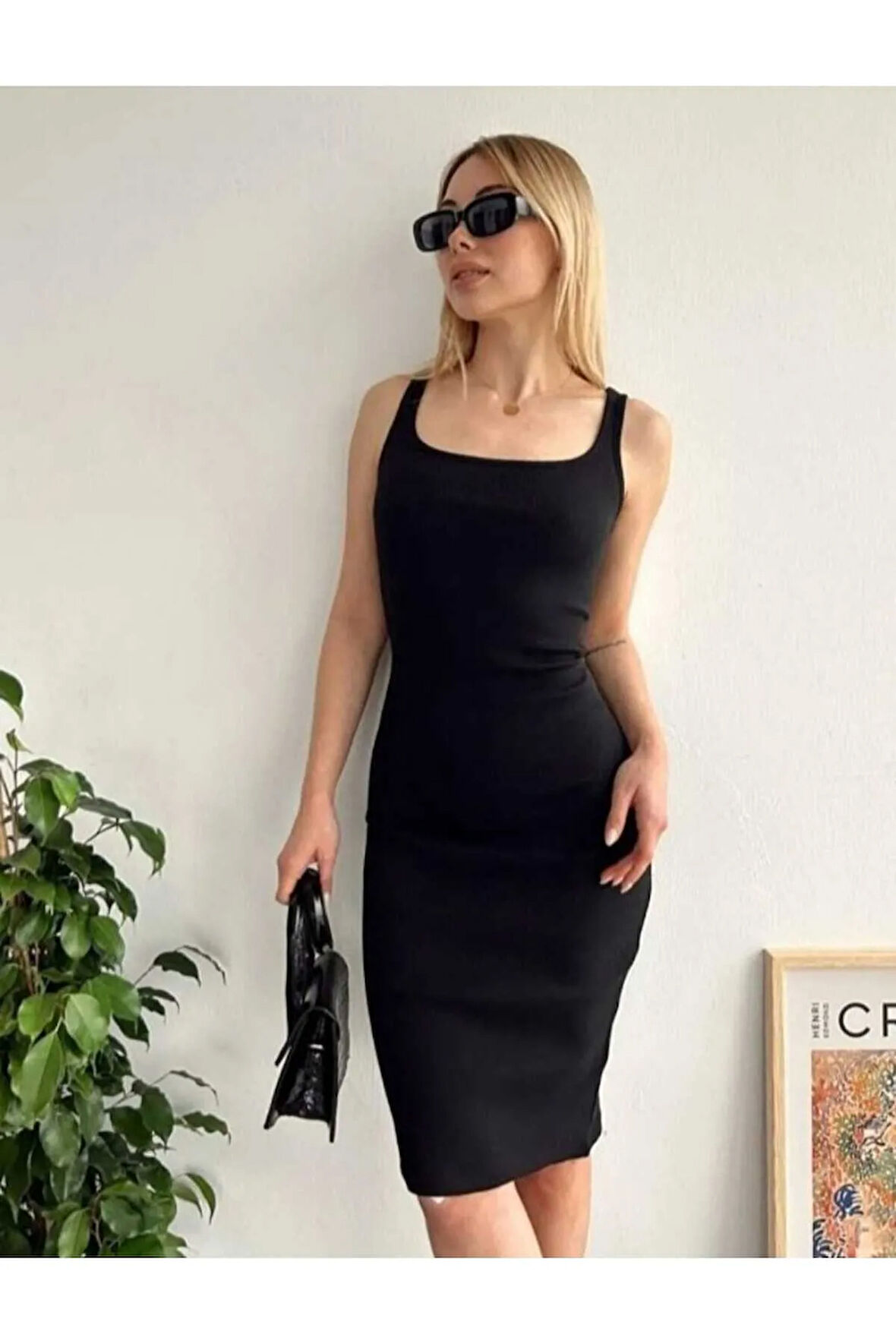 KARE YAKA ASKILI KAŞKORŞE KUMAŞ ELBİSE