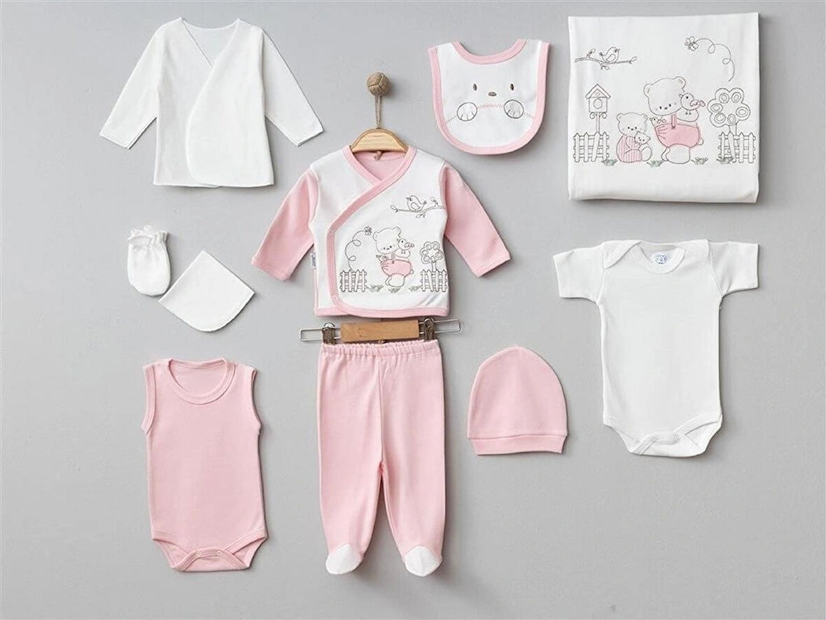 ORGANİK BEBEK 0-3 AY BAHÇIVAN AYI DESENLİ 10 HASTANE ÇIKIŞ ZIBIN SETİ