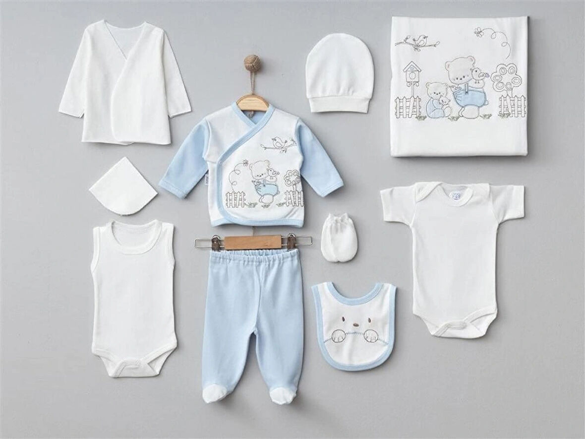 ORGANİK BEBEK 0-3 AY BAHÇIVAN AYI DESENLİ 10 HASTANE ÇIKIŞ ZIBIN SETİ