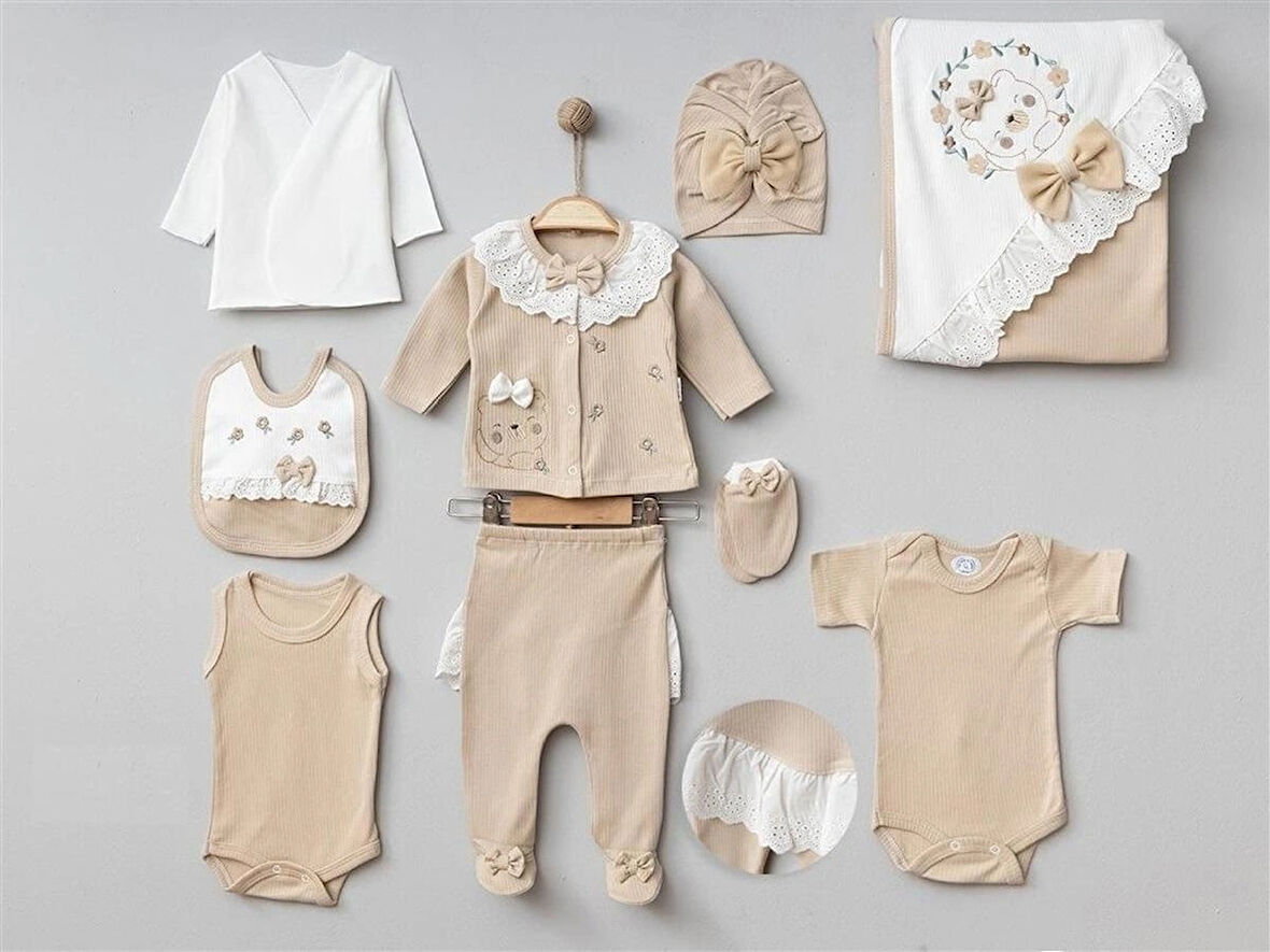 ORGANİK KIZ BEBEK 0-3 AY SÜSLÜ AYICIK 10 LU HASTANE ÇIKIŞ ZIBIN SET