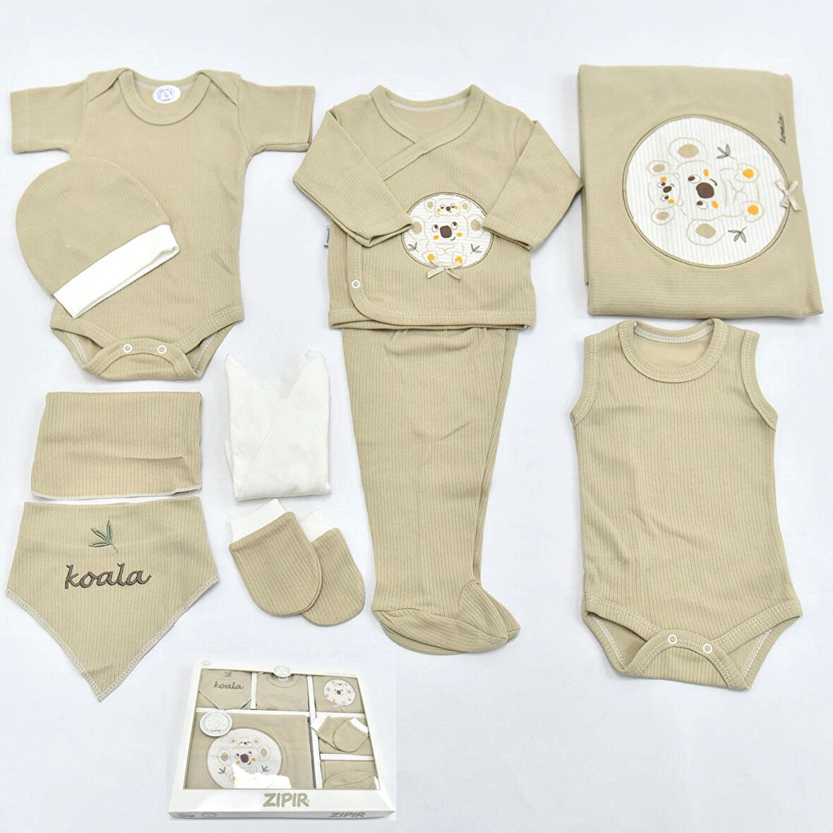 ERKEK BEBEK ORGANİK 0-3 AY KOALA NAKIŞLI 10 LU HASTANE ÇIKIŞ ZIBIN SETİ