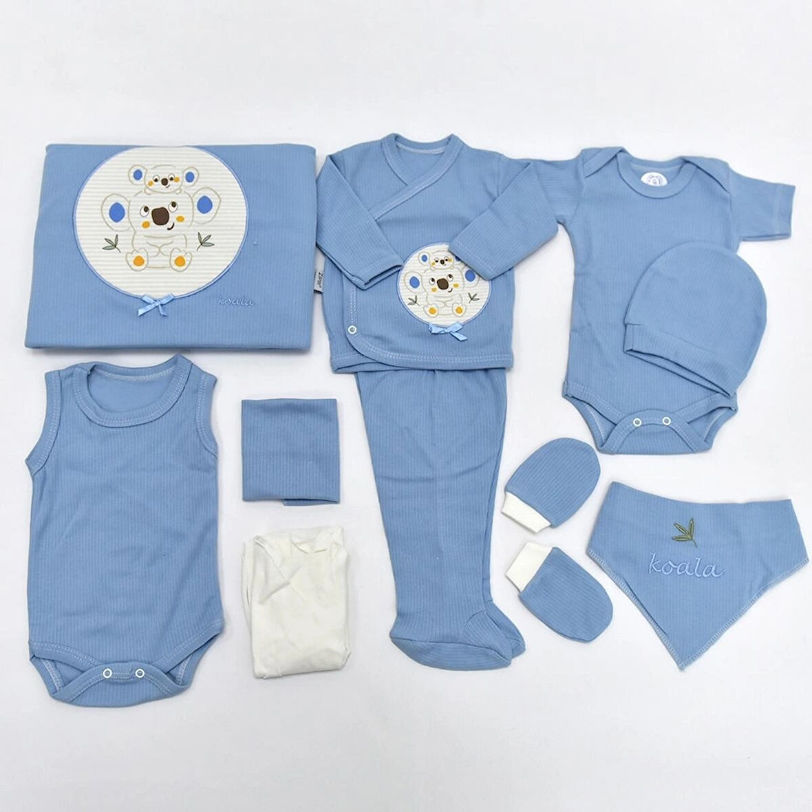 ERKEK BEBEK ORGANİK 0-3 AY KOALA NAKIŞLI 10 LU HASTANE ÇIKIŞ ZIBIN SETİ