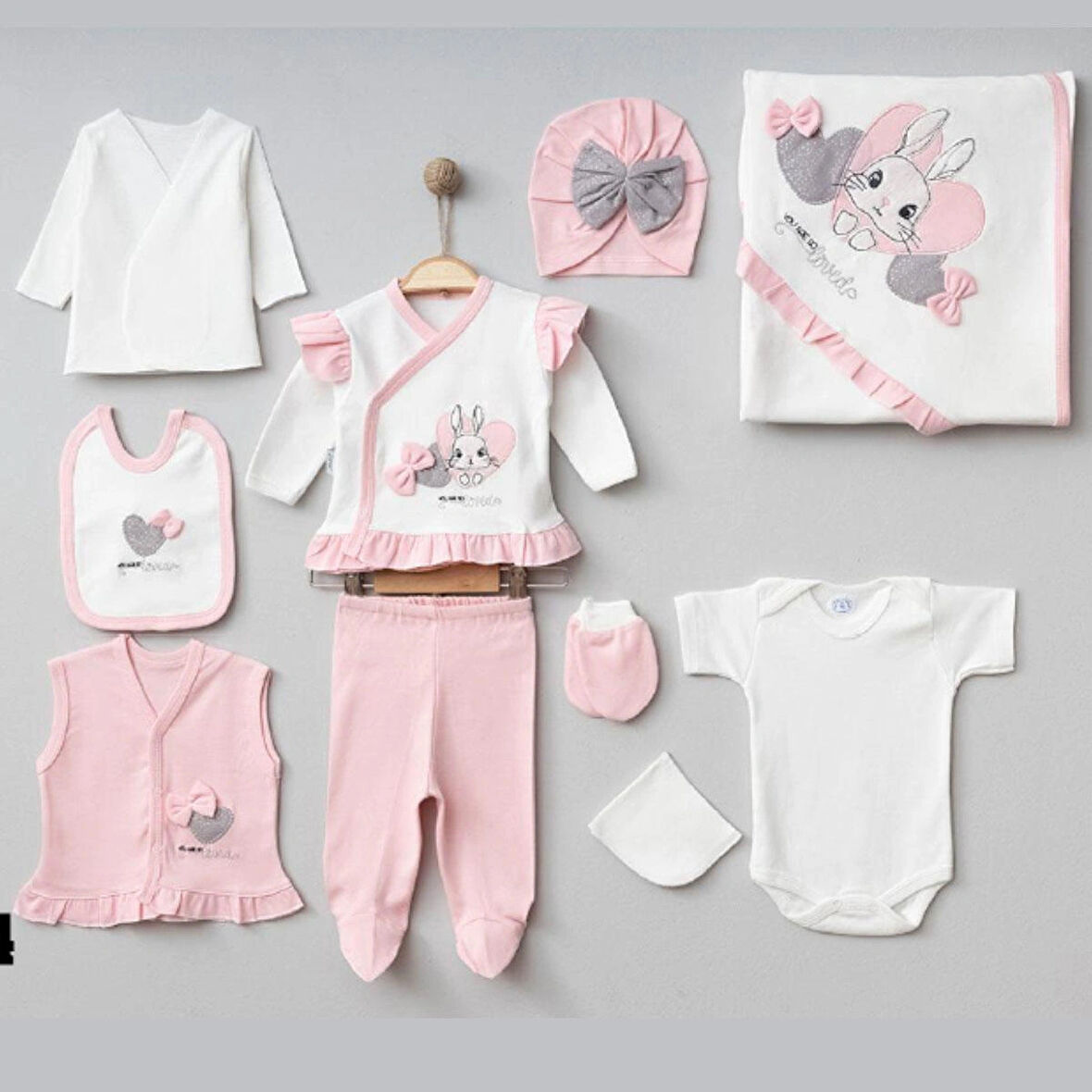 ORGANİK KIZ BEBEK 0-3 AY KALPLİ TAVŞAN NAKIŞLI 10 LU HASTANE ÇIKIŞ ZIBIN SETİ