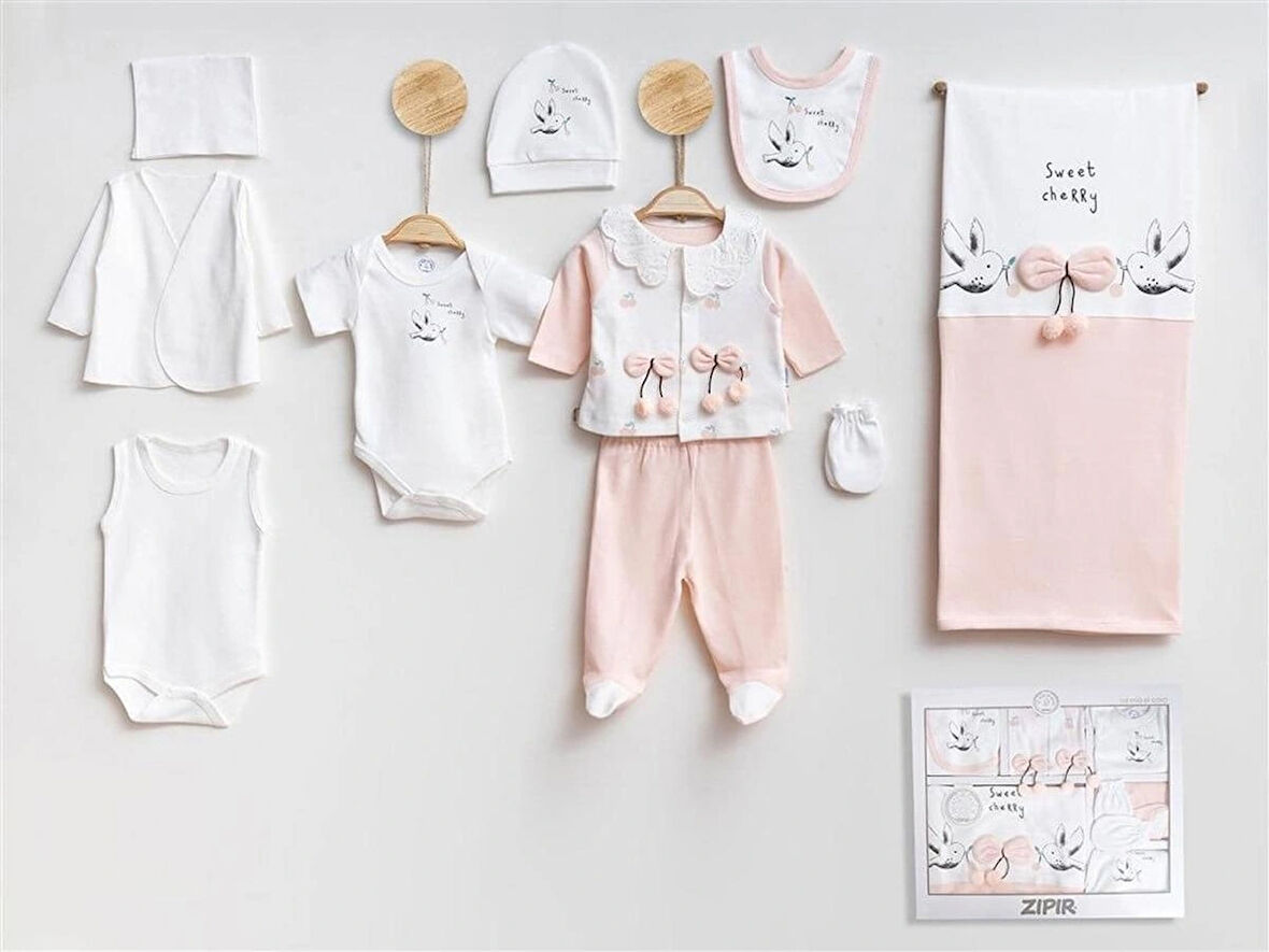 KIZ BEBEK ORGANİK 0-3 AY PONPON KİRAZLI 10 LU HASTANE ÇIKIŞI ZIBIN SETİ