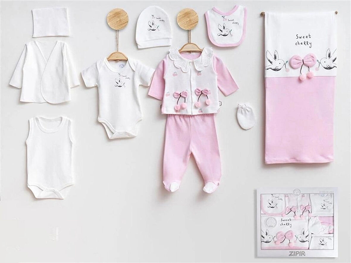 KIZ BEBEK ORGANİK 0-3 AY PONPON KİRAZLI 10 LU HASTANE ÇIKIŞI ZIBIN SETİ